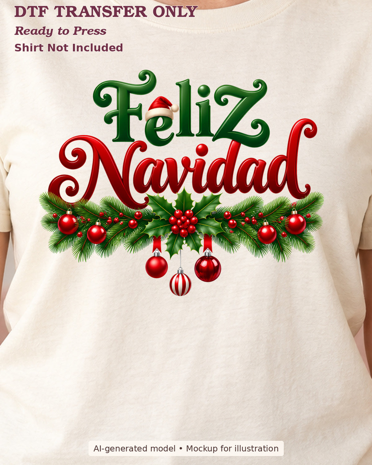 Close-up cream shirt mockup of feliz navidad lettering above holly garland and ornaments; shirt not included.