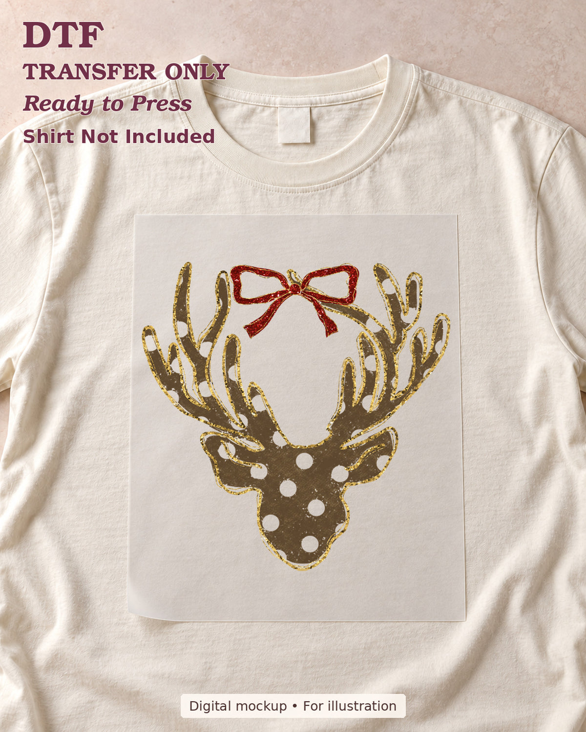 Gold-brown dotted deer silhouette with red bow, shown as a transfer sheet on a cream shirt; shirt not included.