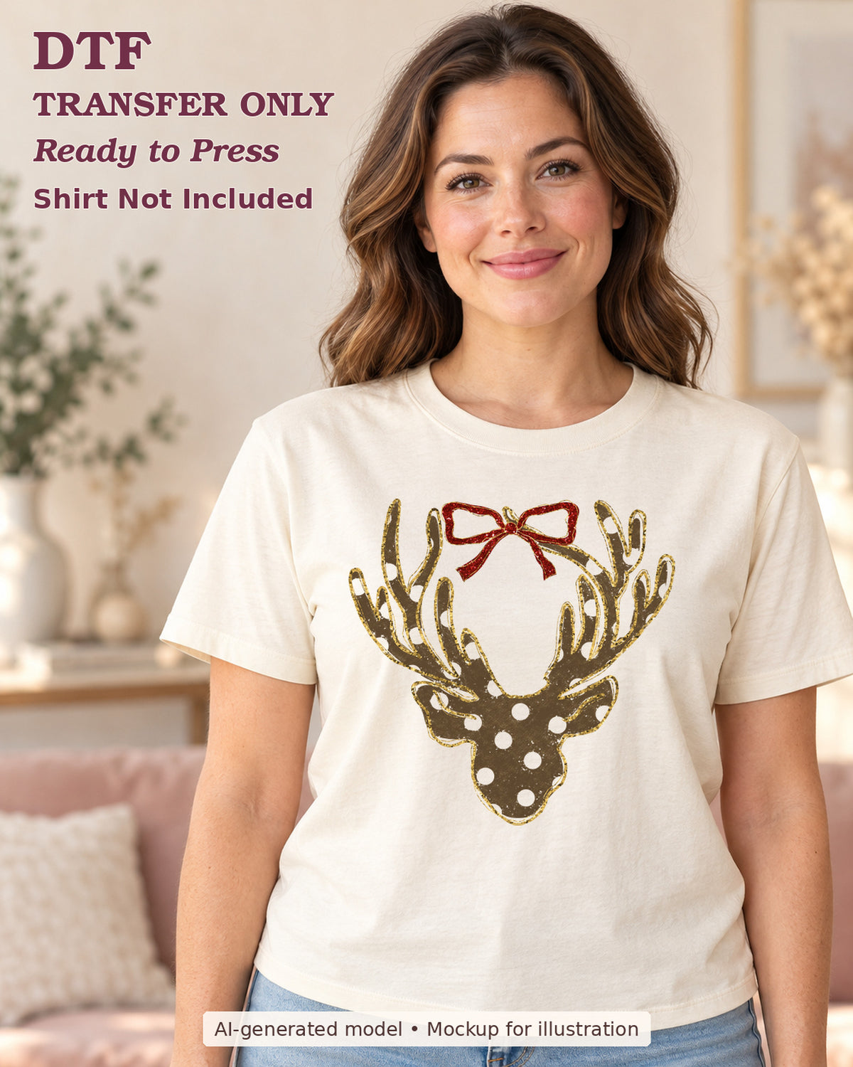 AI-model mockup wearing a cream shirt with gold-brown dotted deer silhouette with red bow; DTF transfer only.