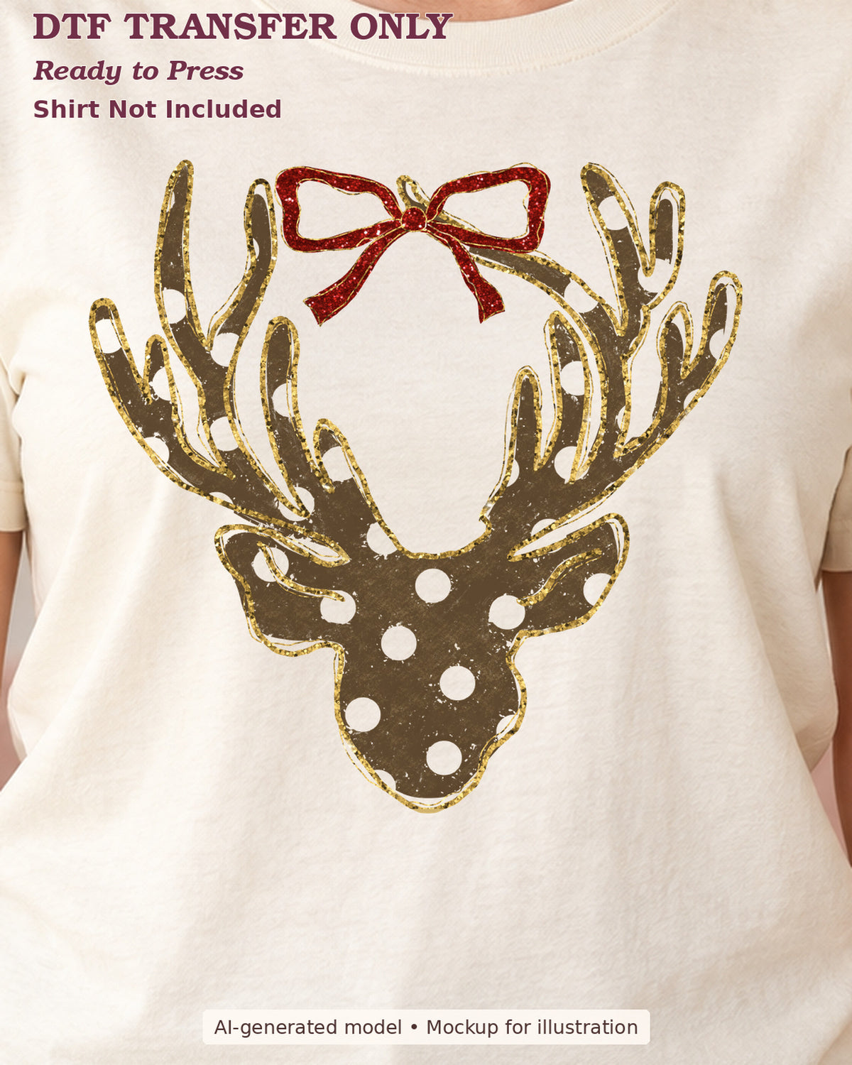 Close-up cream shirt mockup of gold-brown dotted deer silhouette with red bow; shirt not included.