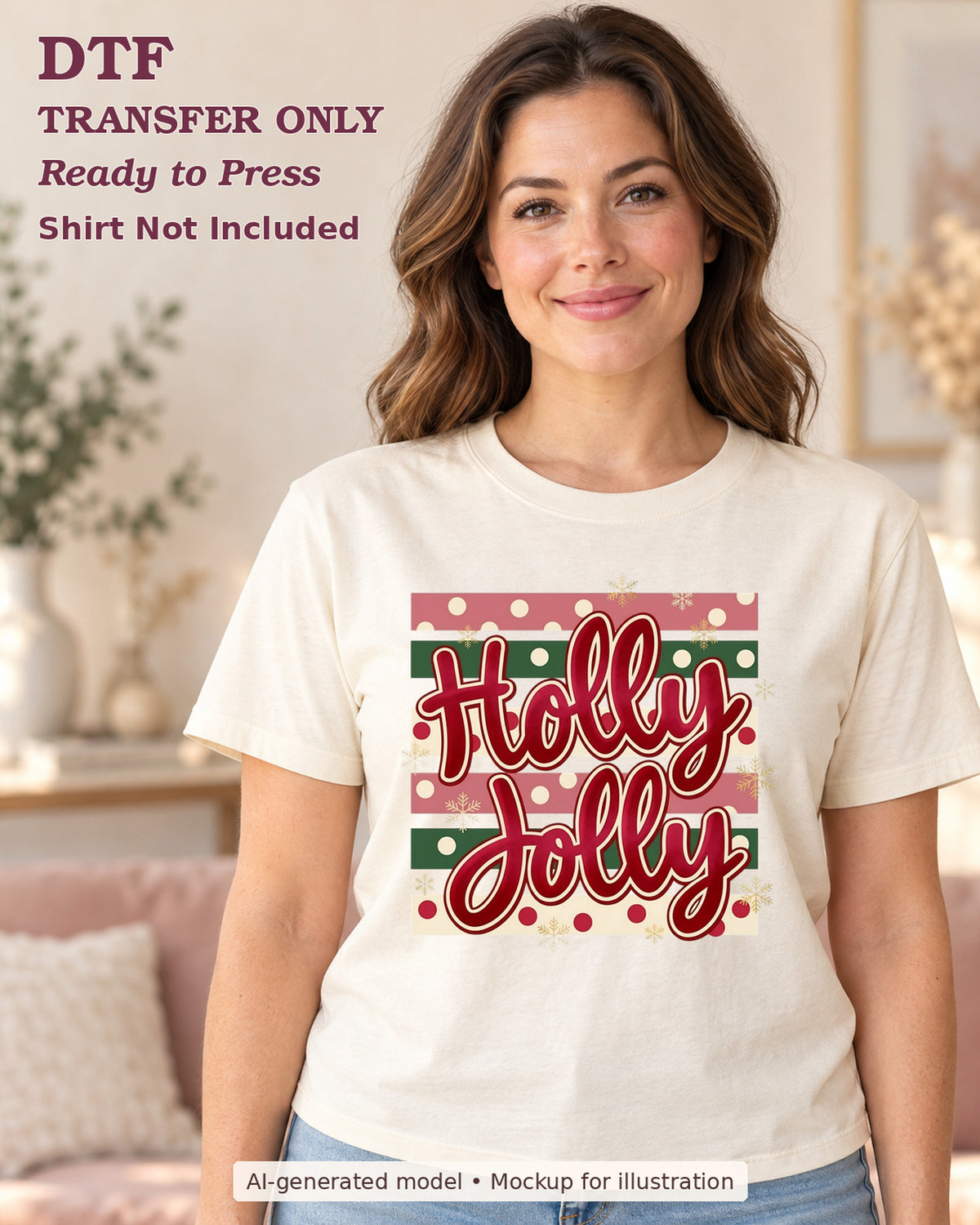 AI-model mockup wearing a cream shirt with holly jolly script over red green and pink dotted stripes; DTF transfer only.