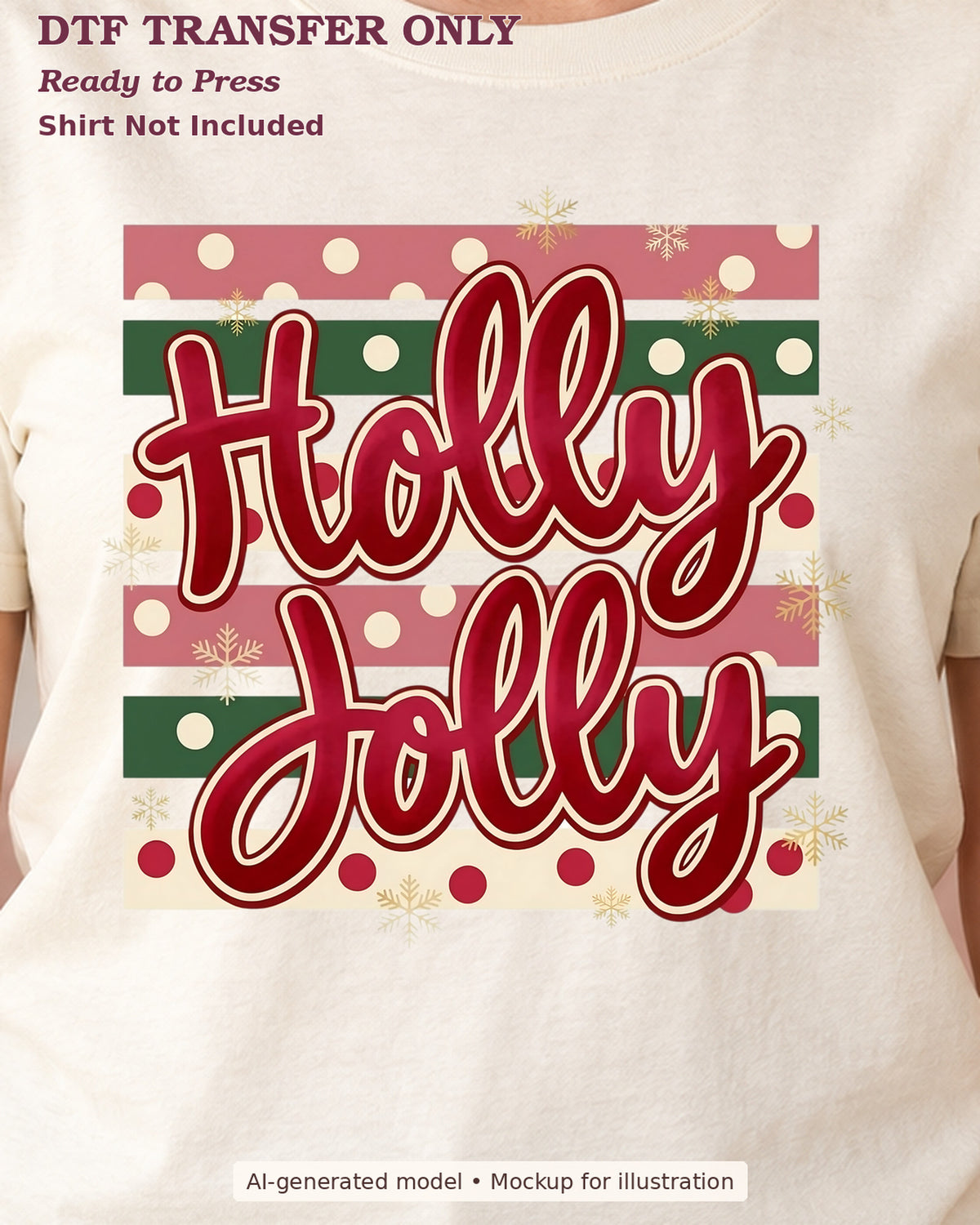 Close-up cream shirt mockup of holly jolly script over red green and pink dotted stripes; shirt not included.