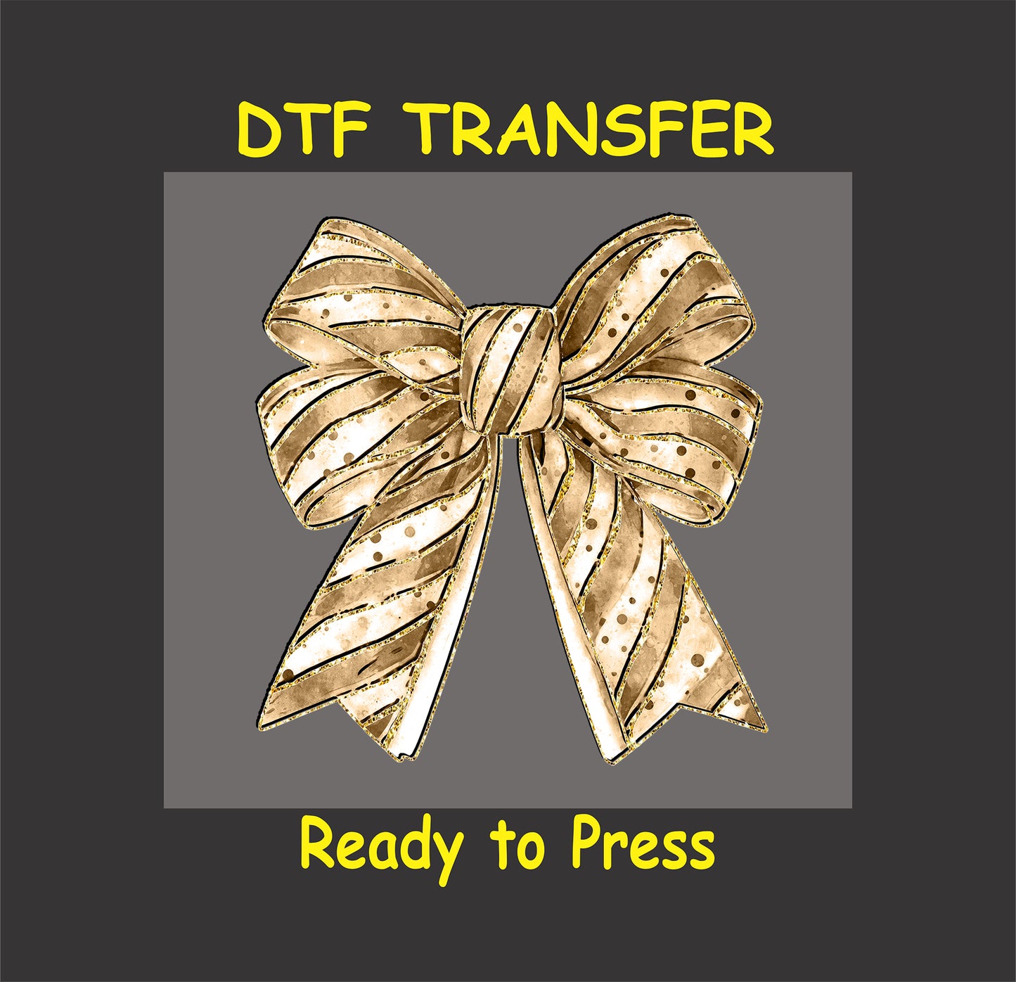 DTF transfer featuring a beautifully detailed gold bow with sparkling accents, perfect for festive and elegant designs.
