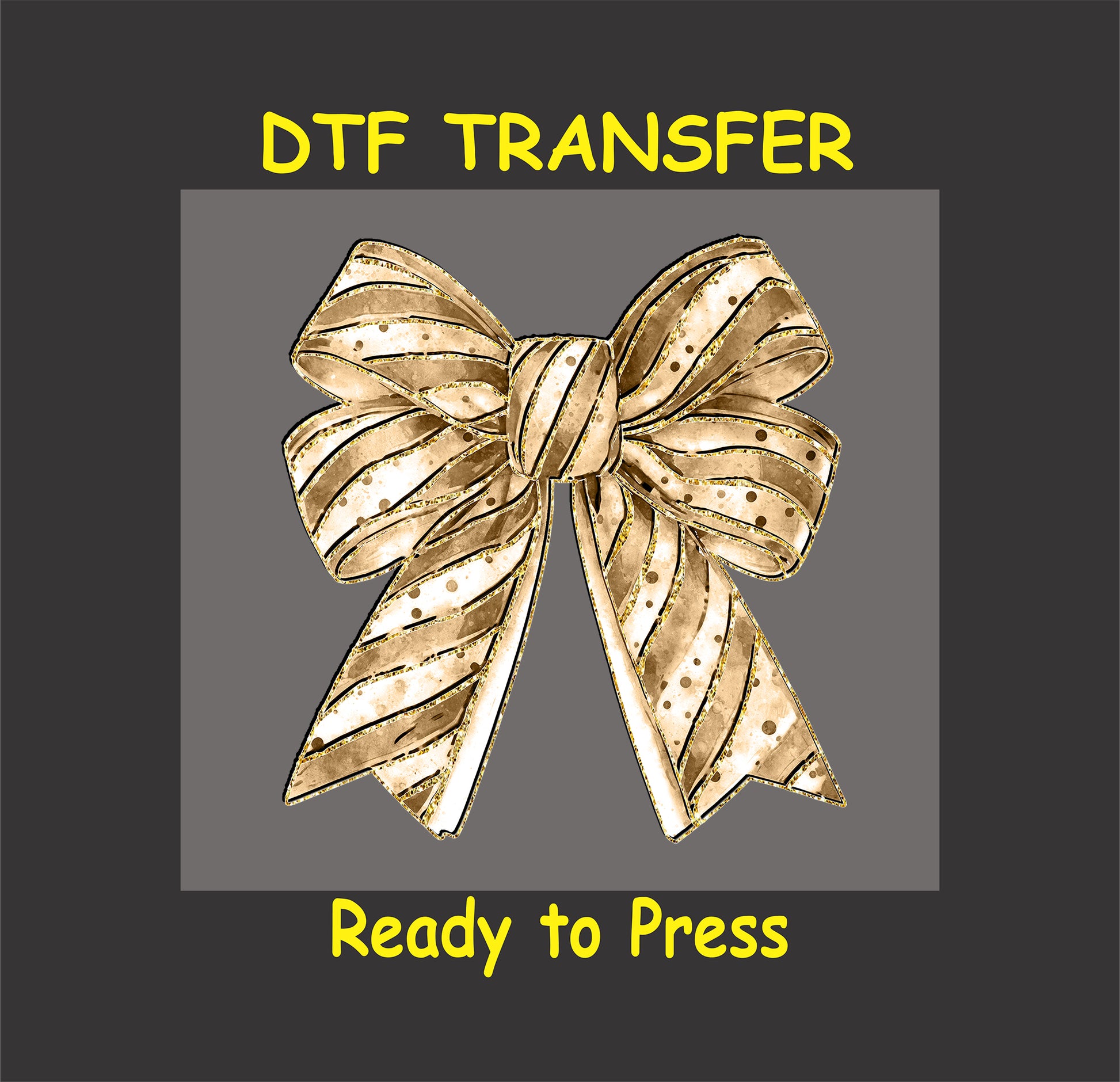 DTF transfer featuring a beautifully detailed gold bow with sparkling accents, perfect for festive and elegant designs.