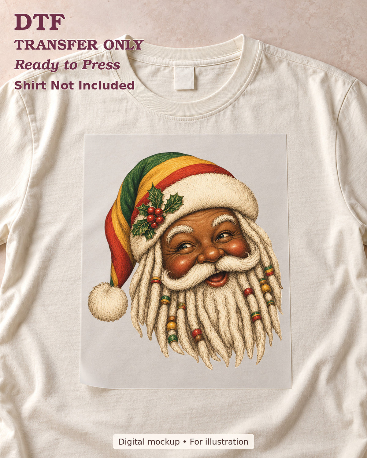 Black Santa portrait with dreadlocks and red yellow green hat, shown as a transfer sheet on a cream shirt; shirt not included.