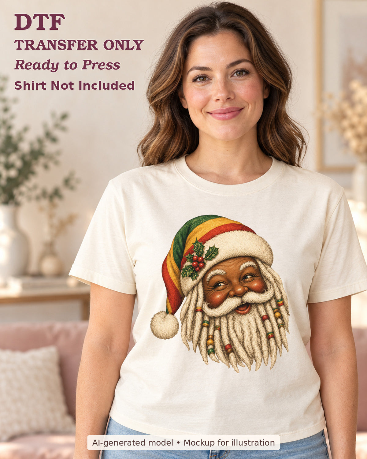 AI-model mockup wearing a cream shirt with black santa portrait with dreadlocks and red yellow green hat; DTF transfer only.