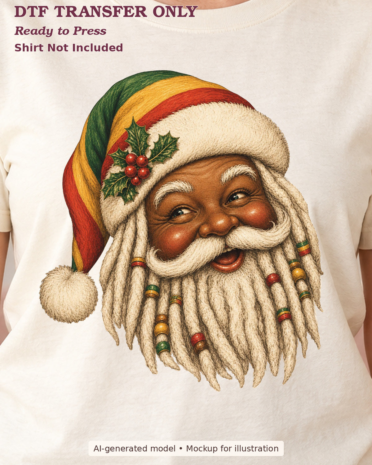 Close-up cream shirt mockup of black santa portrait with dreadlocks and red yellow green hat; shirt not included.