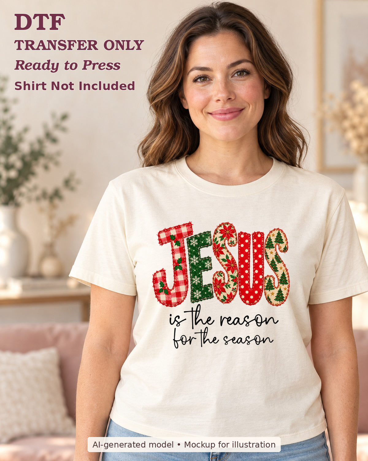 AI-model mockup wearing a cream shirt with jesus patchwork lettering with is the reason for the season; DTF transfer only.