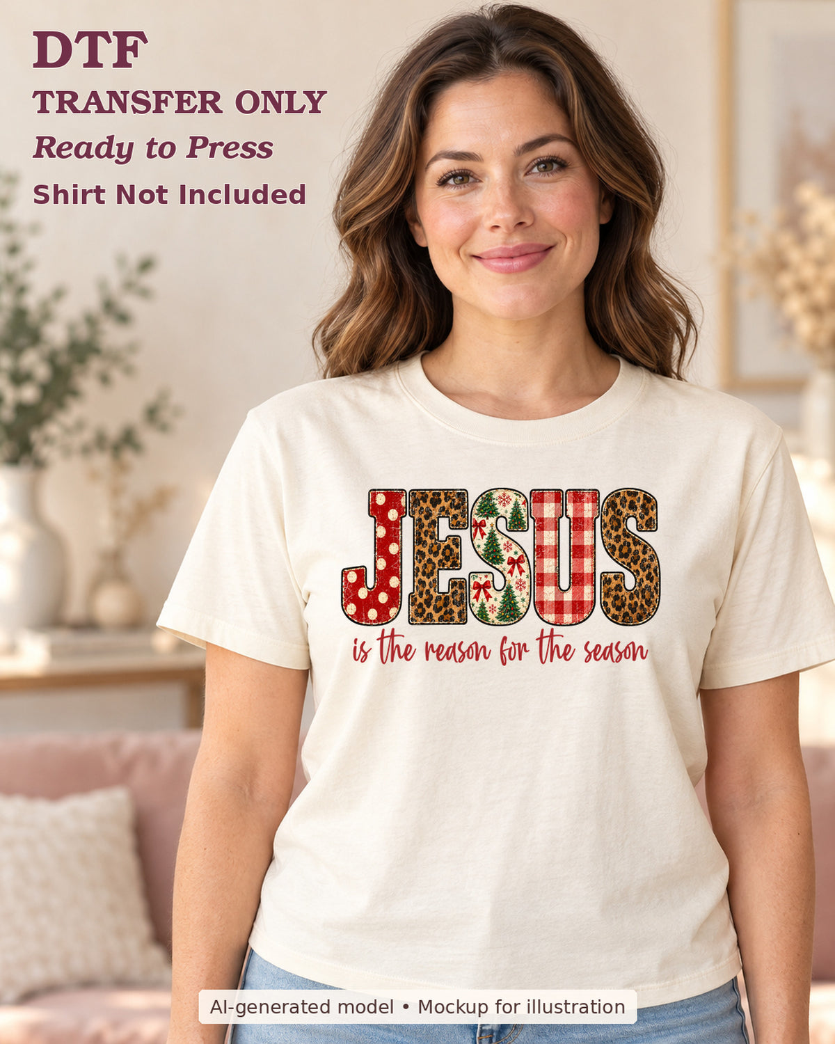 AI-model mockup wearing a cream shirt with jesus lettering in leopard plaid and holiday prints with reason for the season; DTF transfer only.