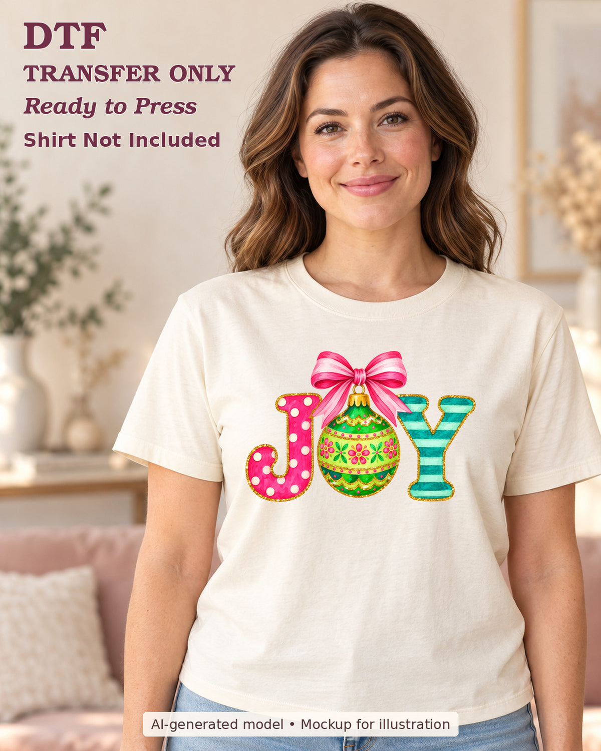 AI-model mockup wearing a cream shirt with joy lettering with green ornament and pink bow; DTF transfer only.