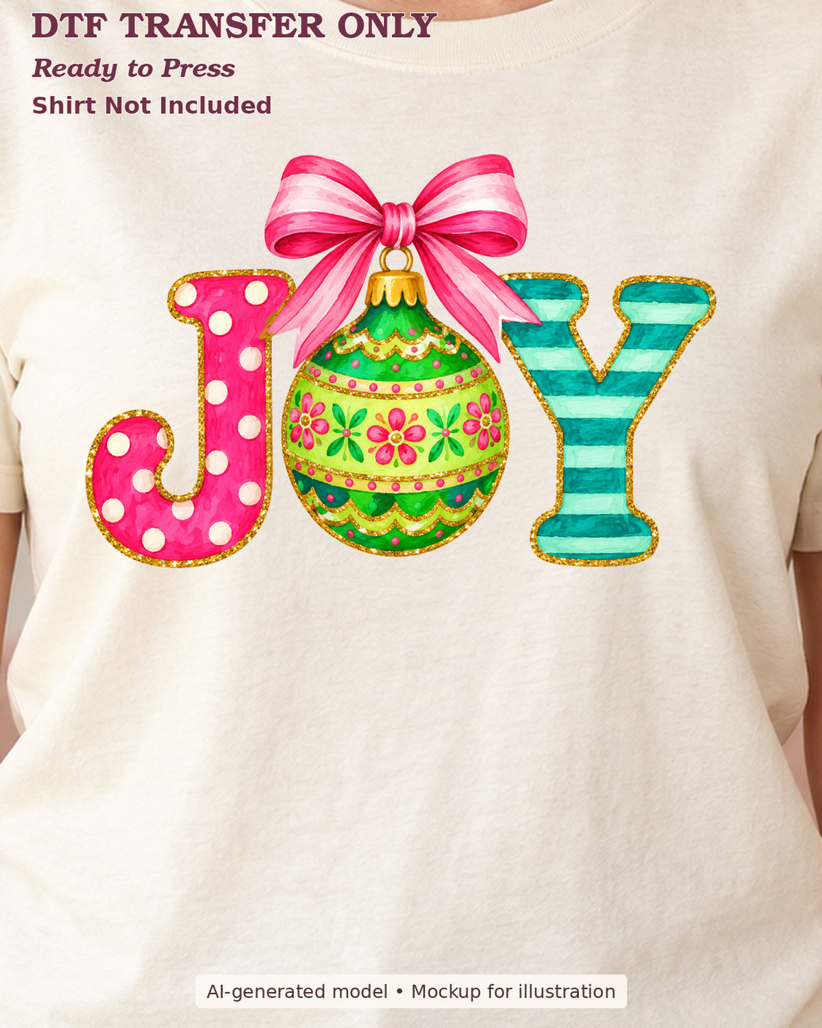 Close-up cream shirt mockup of joy lettering with green ornament and pink bow; shirt not included.