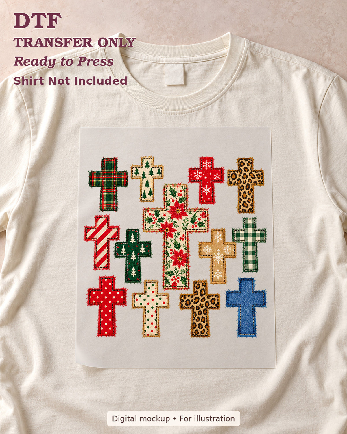 Collage of crosses in plaid leopard and Christmas patterns, shown as a transfer sheet on a cream shirt; shirt not included.