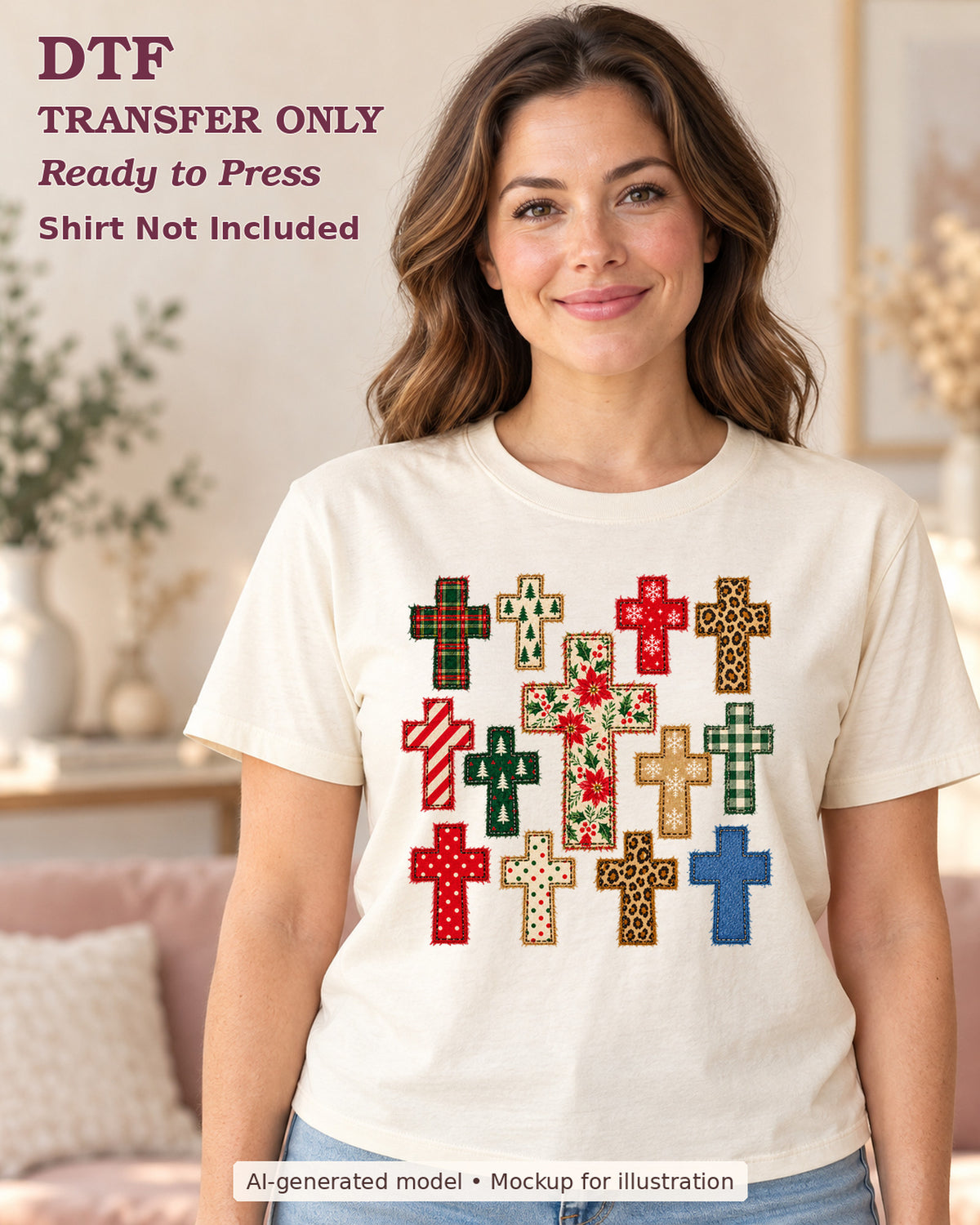 AI-model mockup wearing a cream shirt with collage of crosses in plaid leopard and christmas patterns; DTF transfer only.