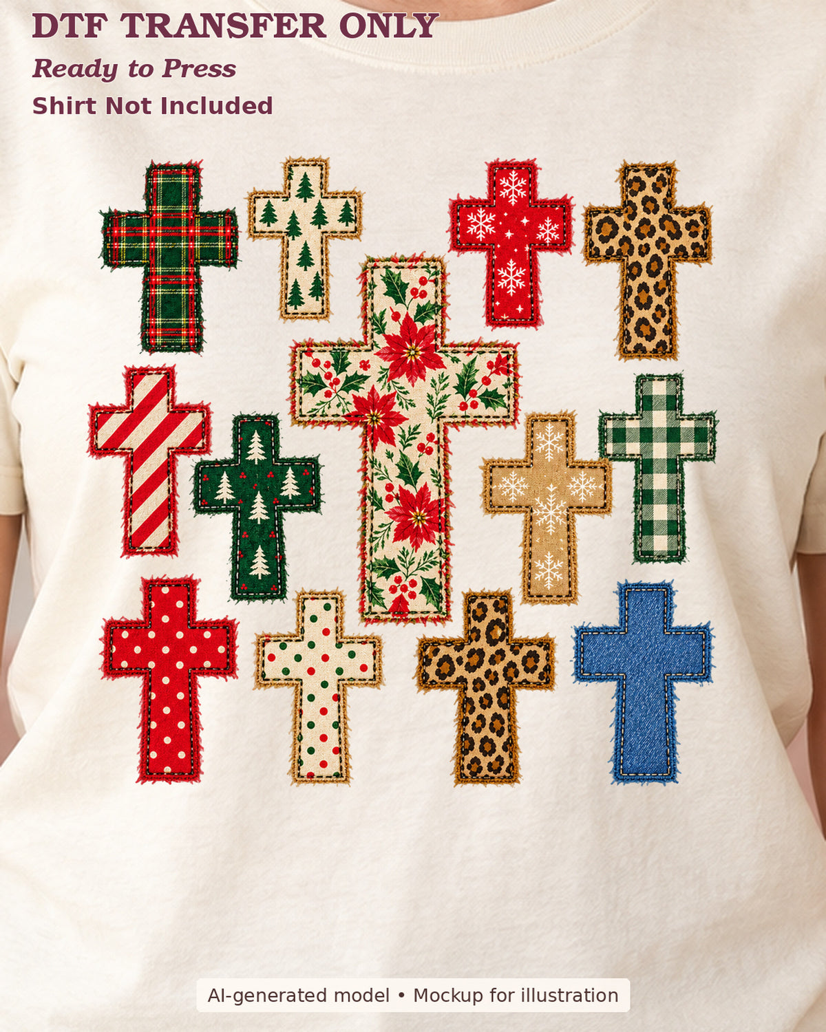Close-up cream shirt mockup of collage of crosses in plaid leopard and christmas patterns; shirt not included.