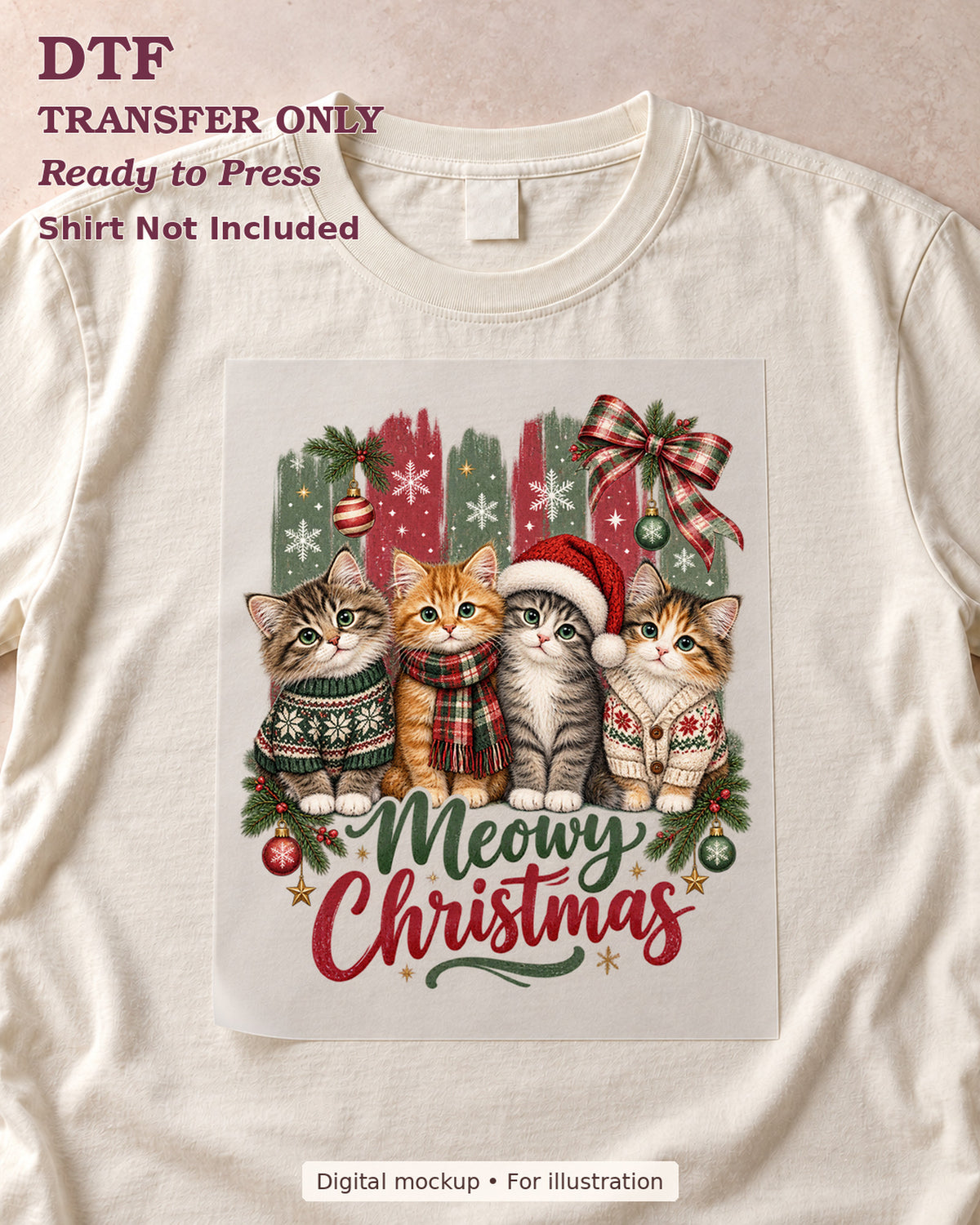 Meowy Christmas with four festive cats and plaid bow, shown as a transfer sheet on a cream shirt; shirt not included.