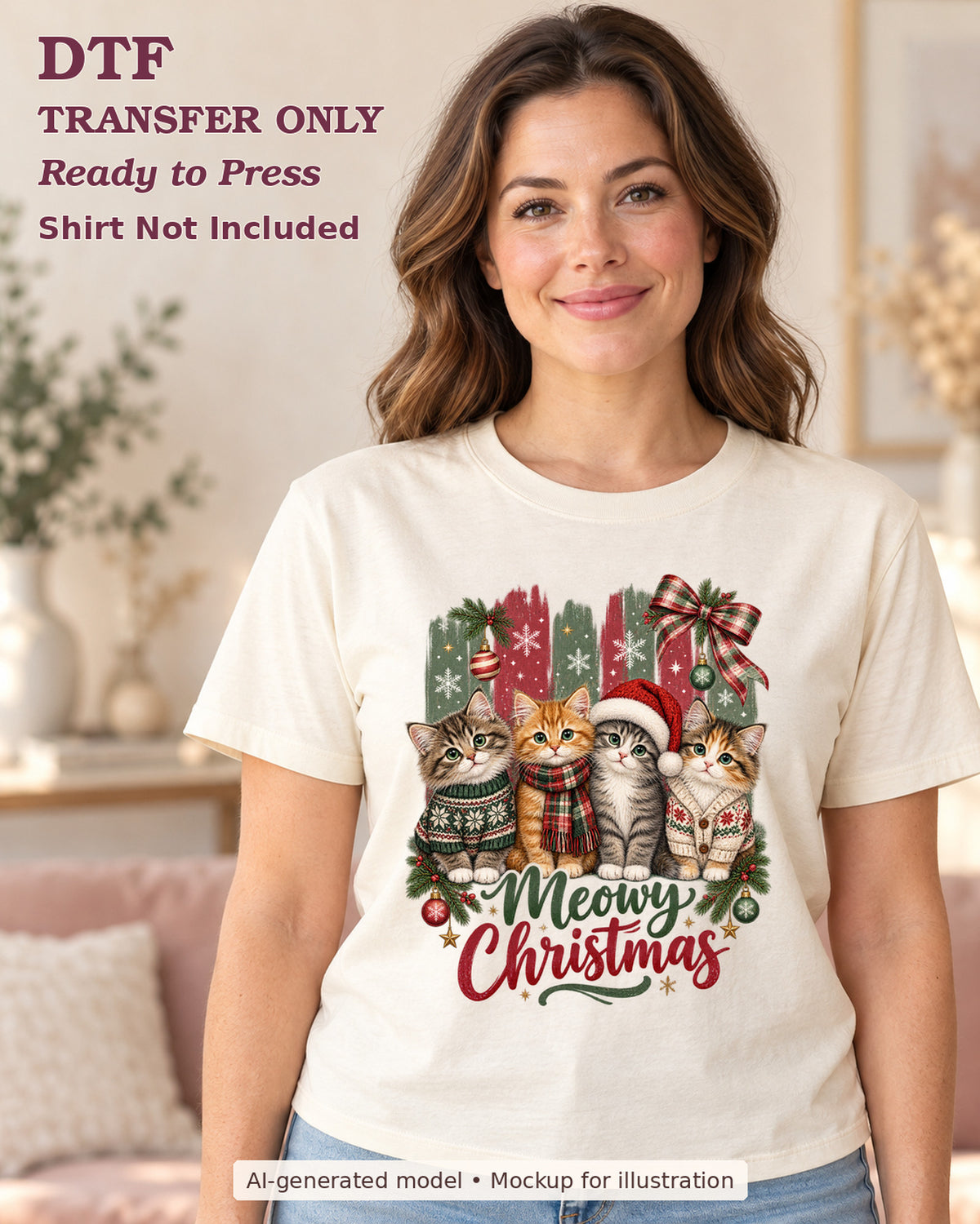 AI-model mockup wearing a cream shirt with meowy christmas with four festive cats and plaid bow; DTF transfer only.