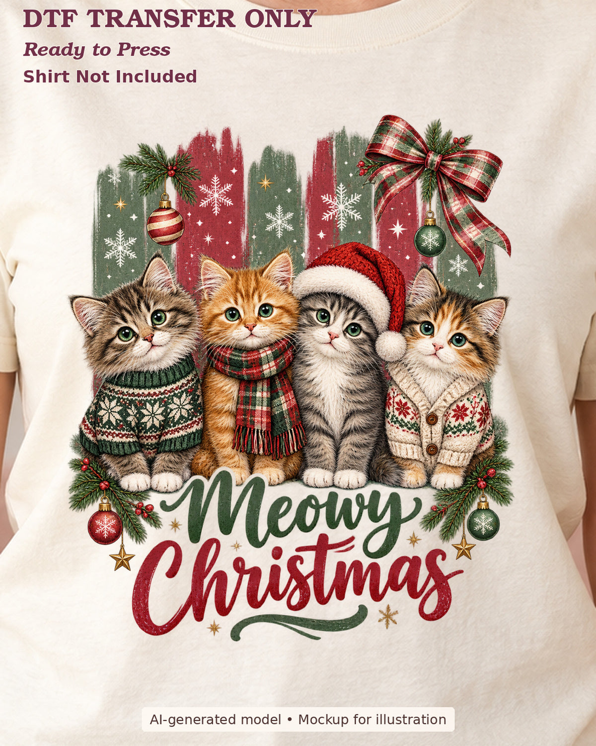 Close-up cream shirt mockup of meowy christmas with four festive cats and plaid bow; shirt not included.
