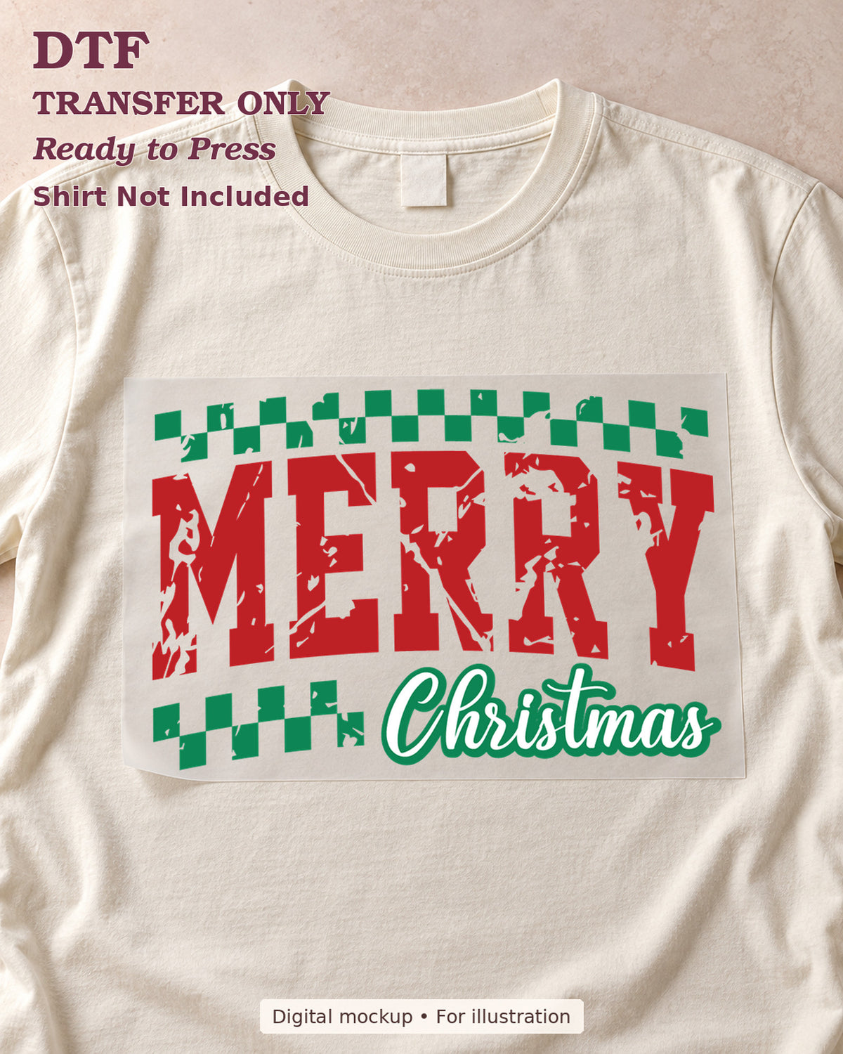 Merry Christmas red distressed lettering with green checks, shown as a transfer sheet on a cream shirt; shirt not included.