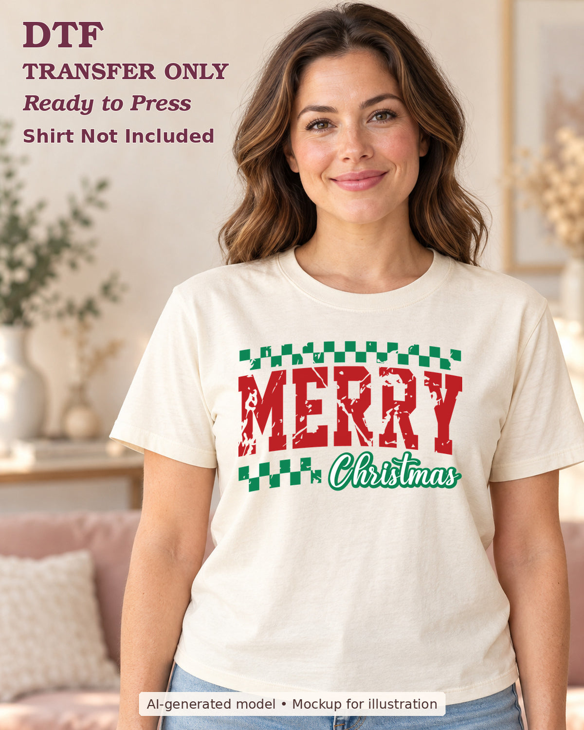 AI-model mockup wearing a cream shirt with merry christmas red distressed lettering with green checks; DTF transfer only.