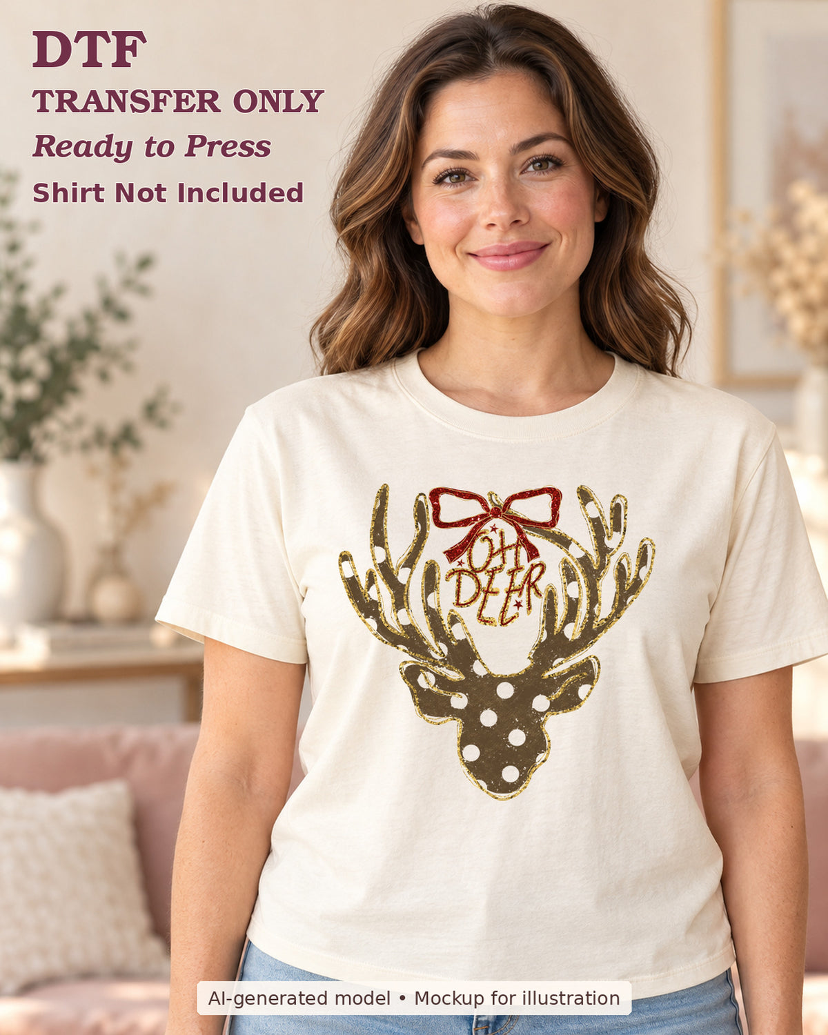 AI-model mockup wearing a cream shirt with oh deer lettering inside antlers of dotted deer silhouette with red bow; DTF transfer only.