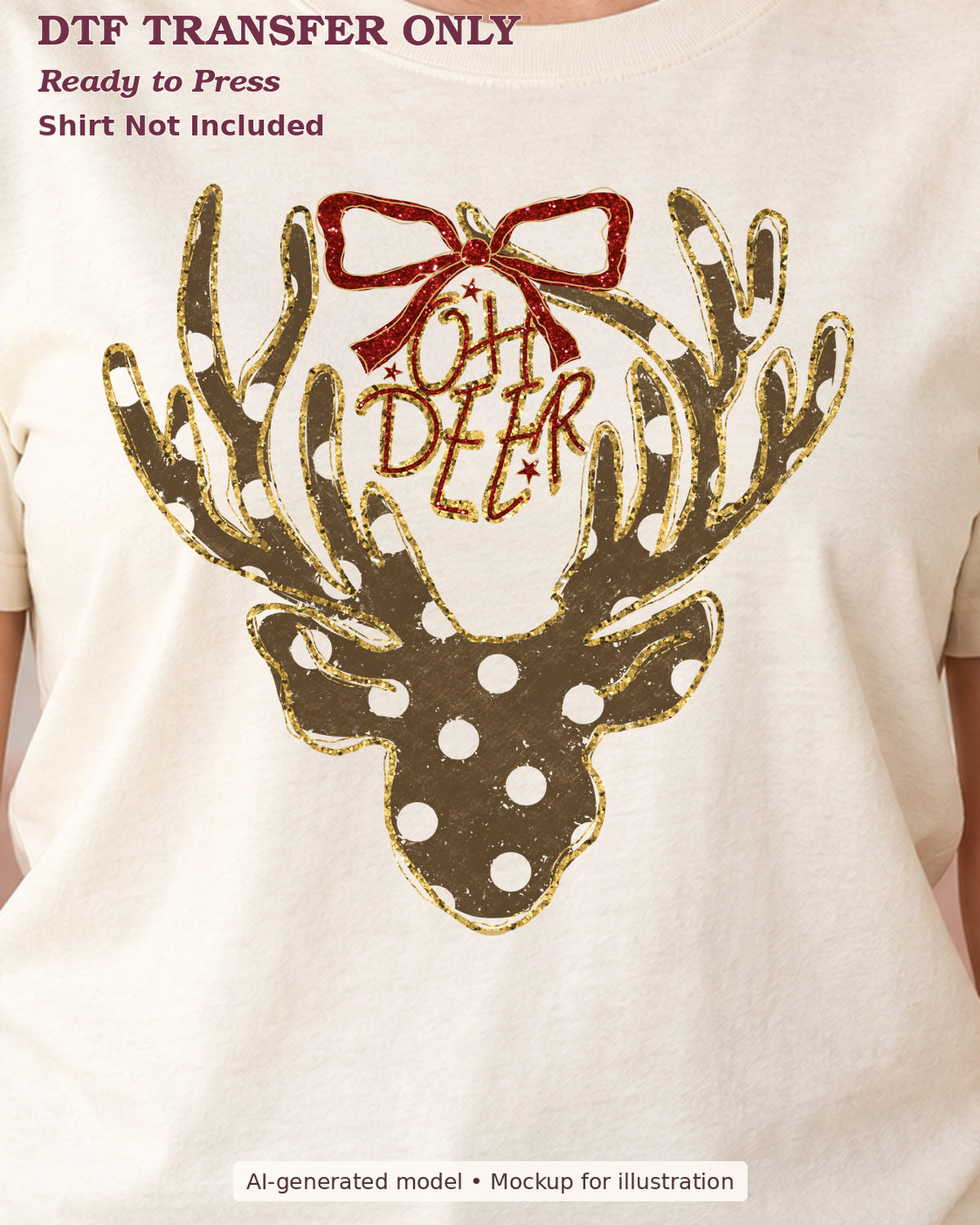 Close-up cream shirt mockup of oh deer lettering inside antlers of dotted deer silhouette with red bow; shirt not included.