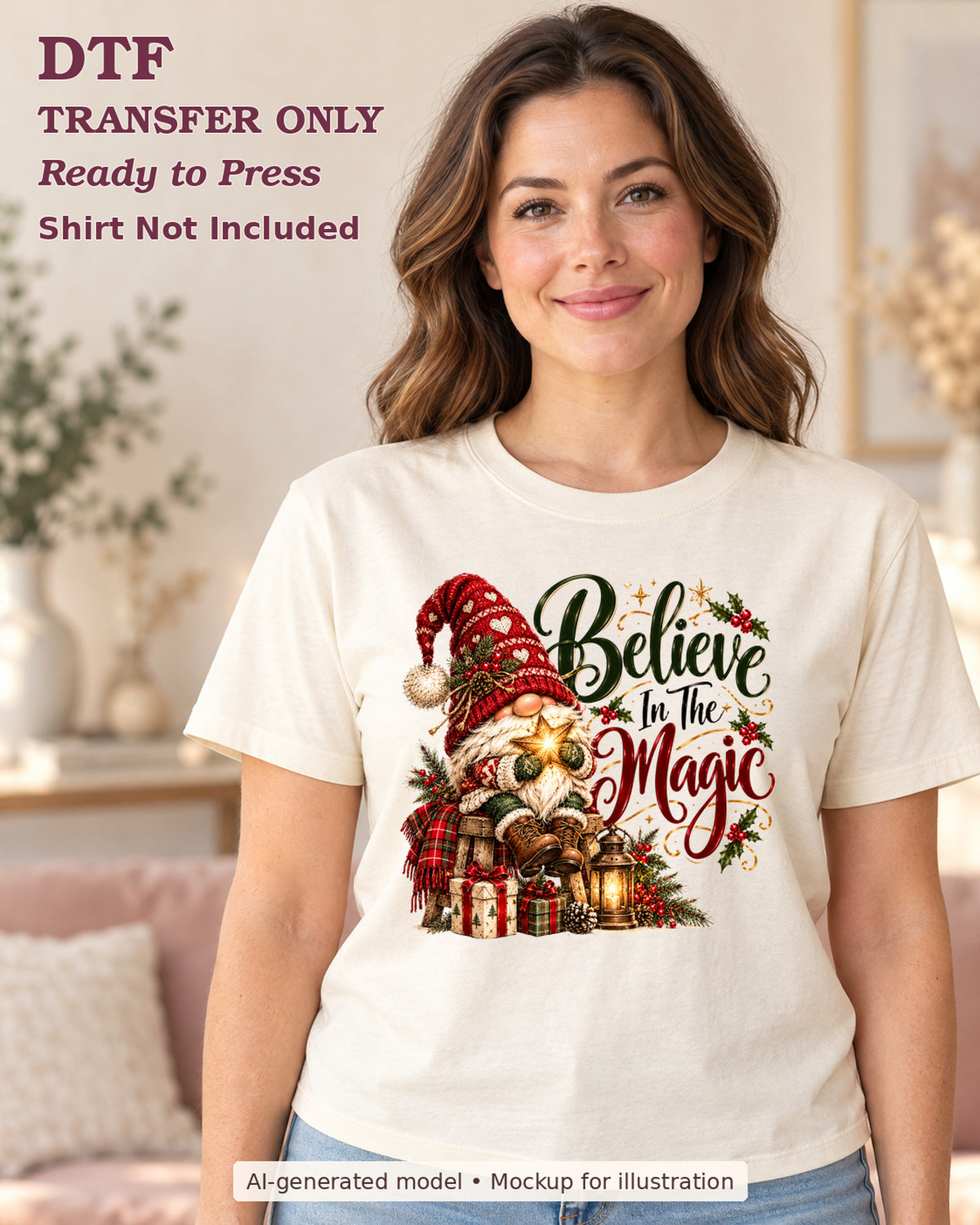 AI-model mockup wearing a cream shirt with believe in the magic with christmas gnome gifts and lantern; DTF transfer only.