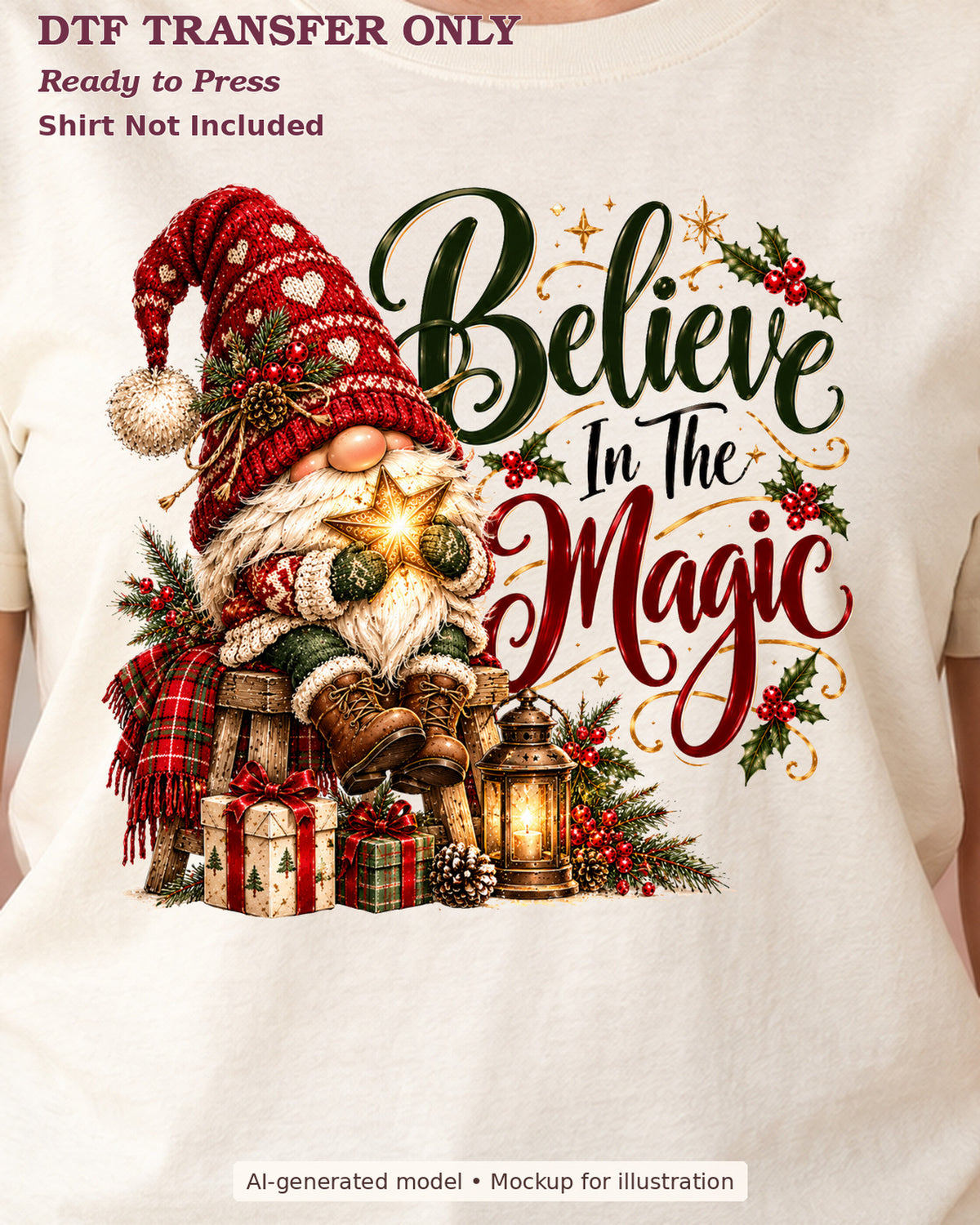 Close-up cream shirt mockup of believe in the magic with christmas gnome gifts and lantern; shirt not included.