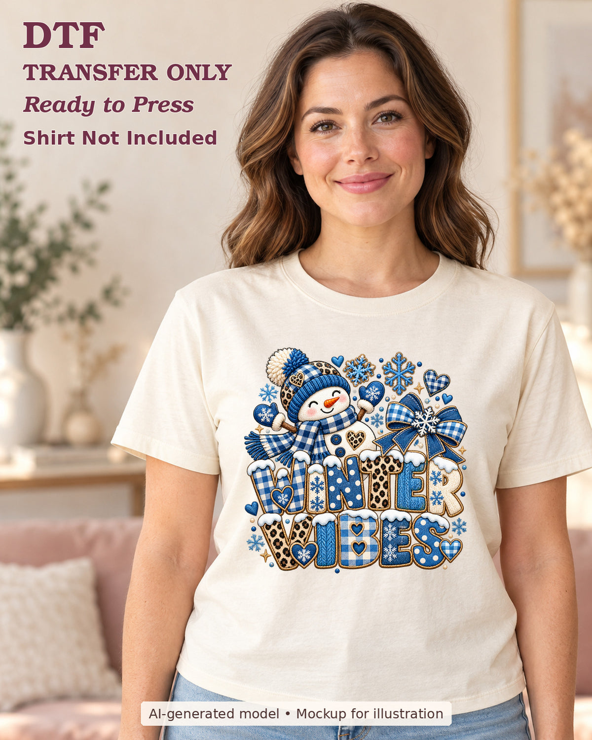AI-model mockup wearing a cream shirt with winter vibes with blue snowman snowflakes and bow; DTF transfer only.