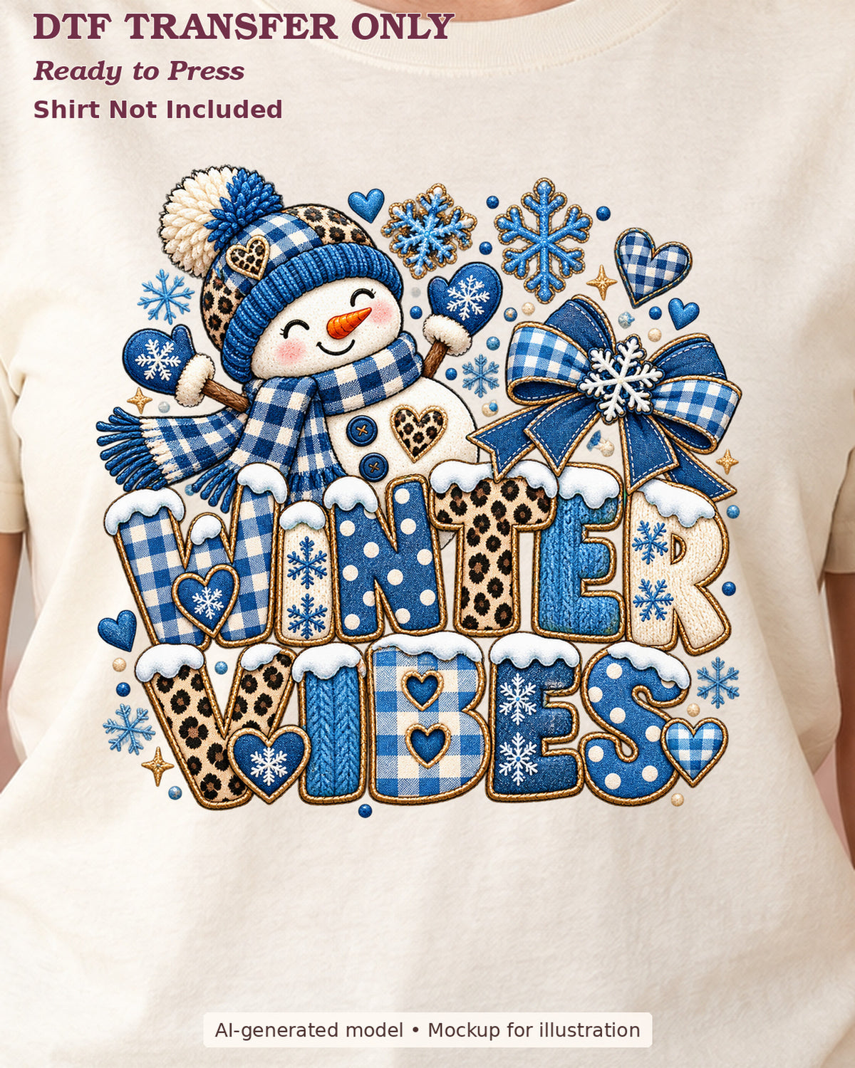 Close-up cream shirt mockup of winter vibes with blue snowman snowflakes and bow; shirt not included.