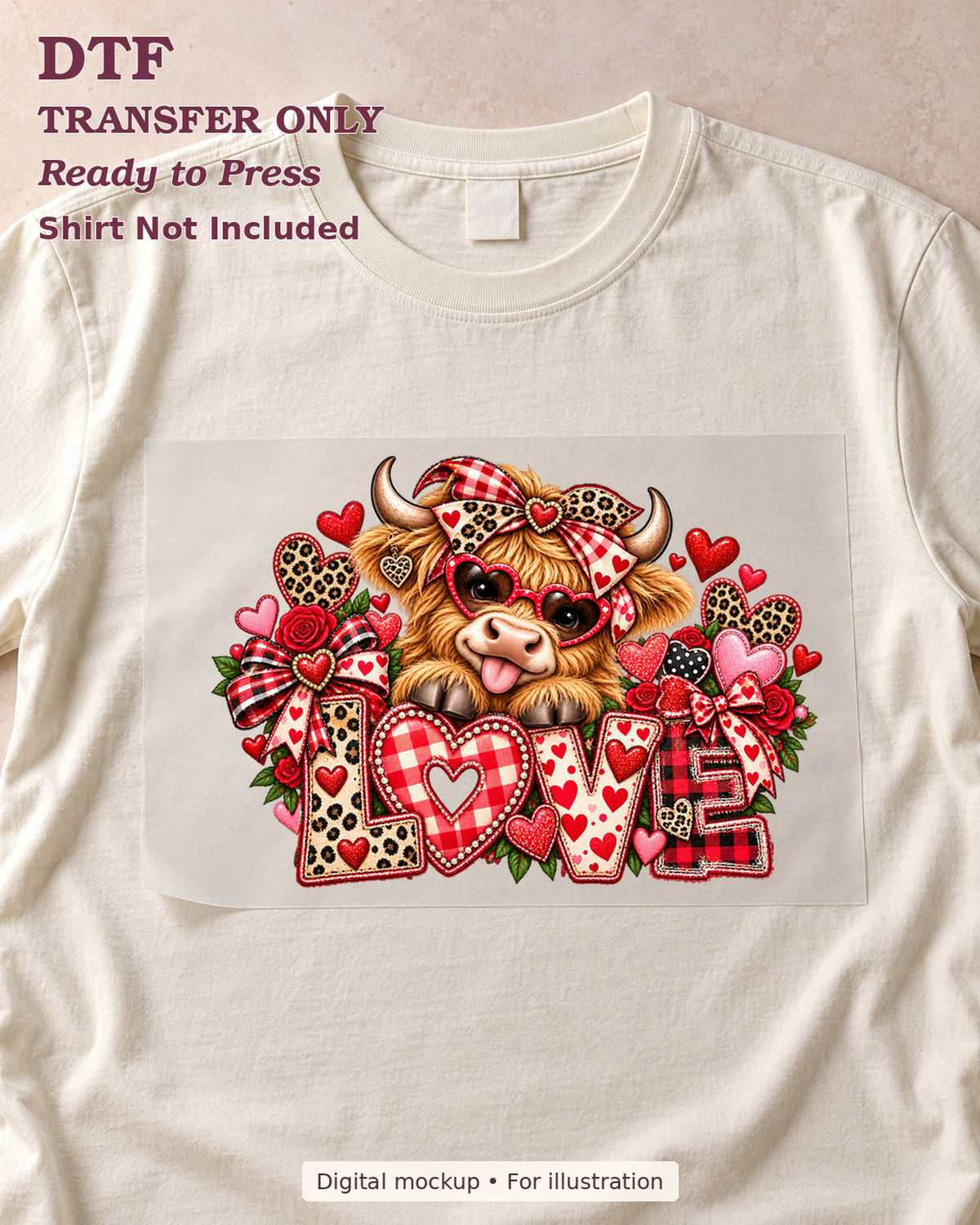 Highland cow with Love lettering bows and hearts, shown as a transfer sheet on a cream shirt; shirt not included.