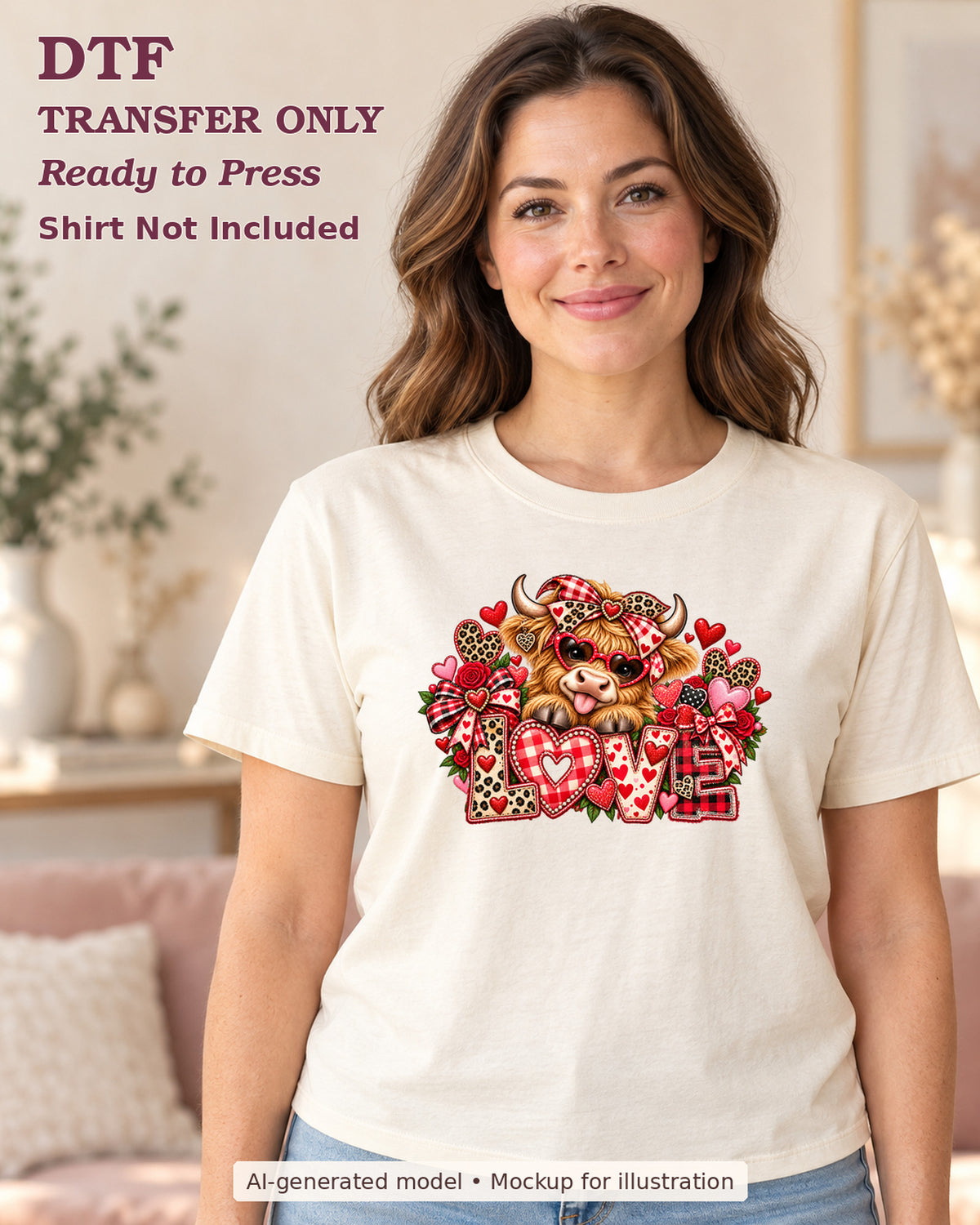 AI-model mockup wearing a cream shirt with highland cow with love lettering bows and hearts; DTF transfer only.