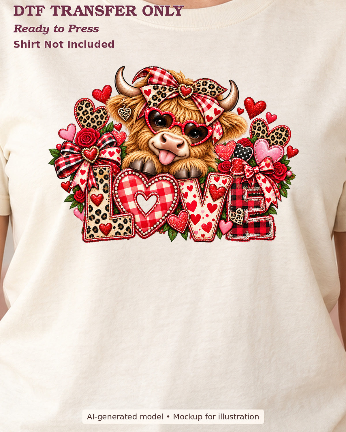 Close-up cream shirt mockup of highland cow with love lettering bows and hearts; shirt not included.