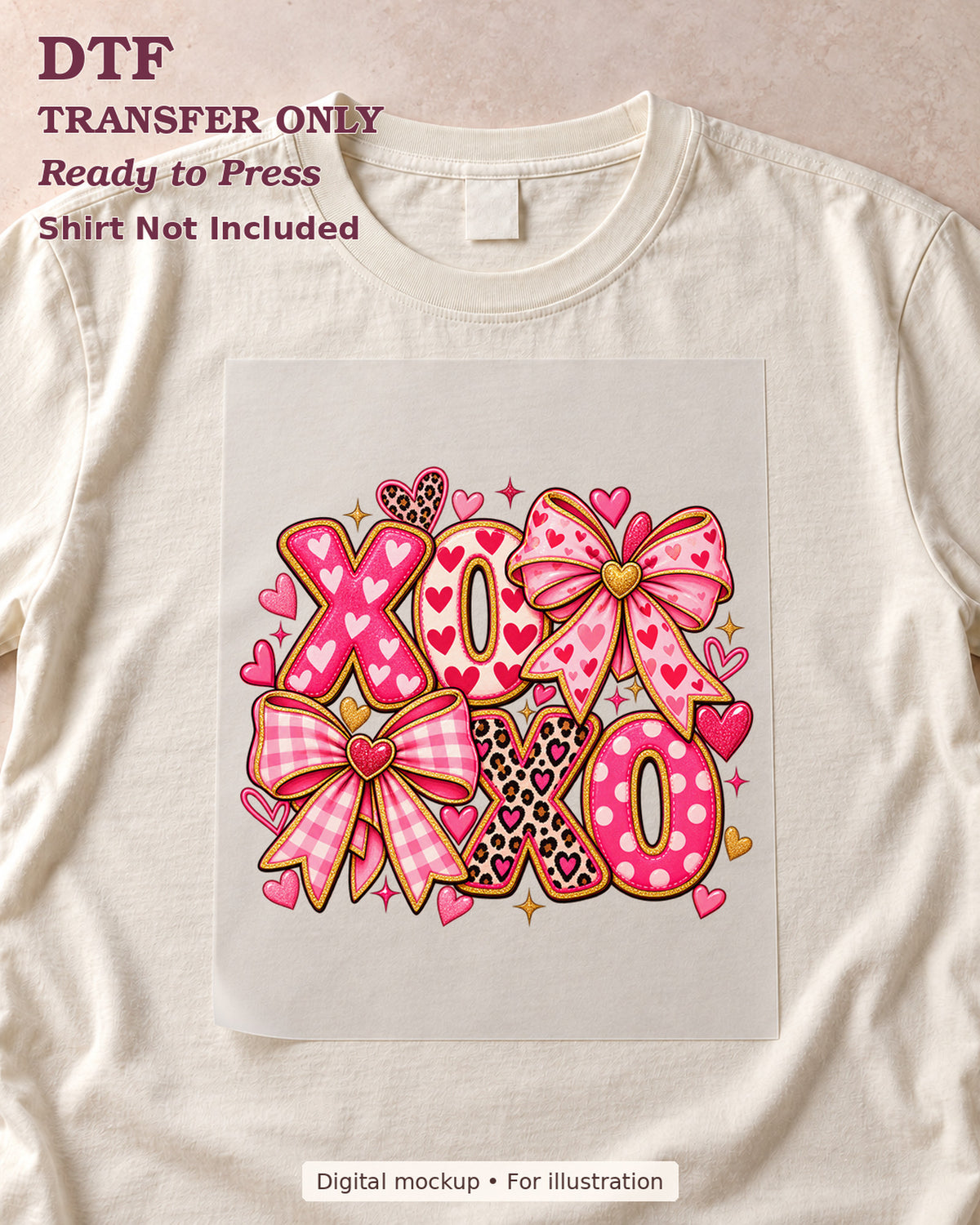 XOXO patterned letters with pink bows hearts and leopard print, shown as a transfer sheet on a cream shirt; shirt not included.