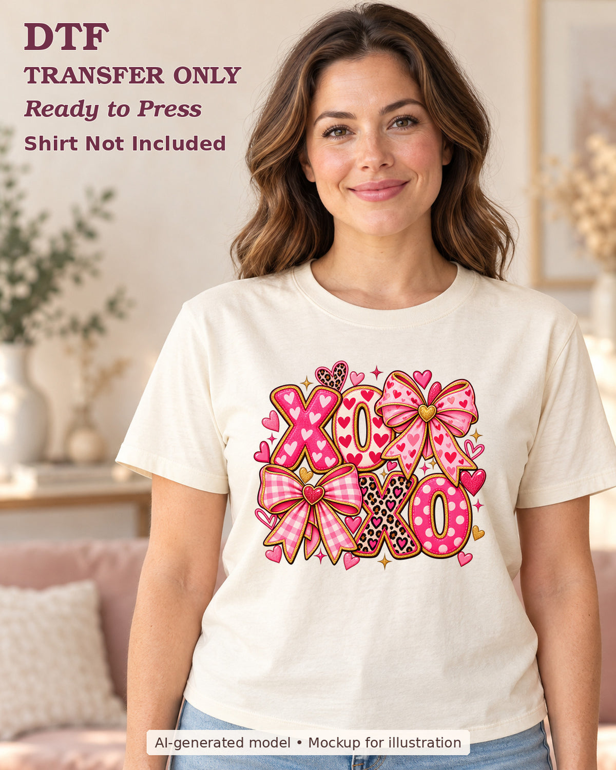 AI-model mockup wearing a cream shirt with xoxo patterned letters with pink bows hearts and leopard print; DTF transfer only.