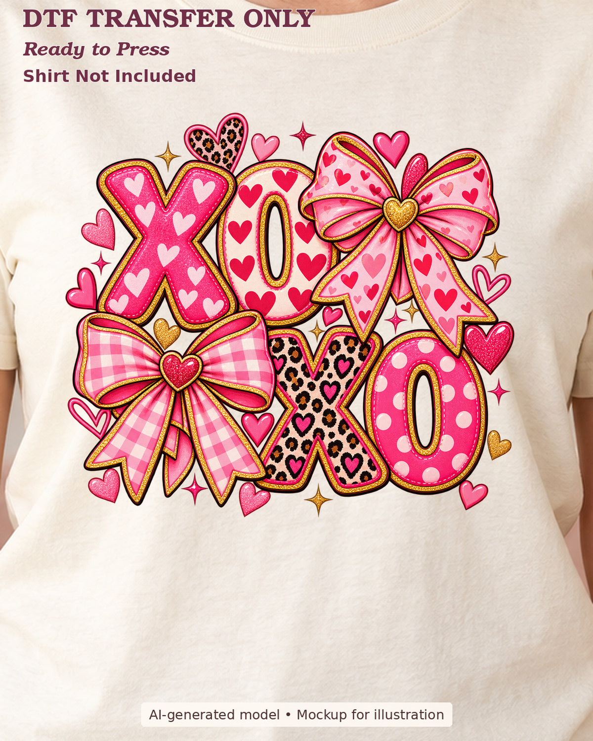 Close-up cream shirt mockup of xoxo patterned letters with pink bows hearts and leopard print; shirt not included.