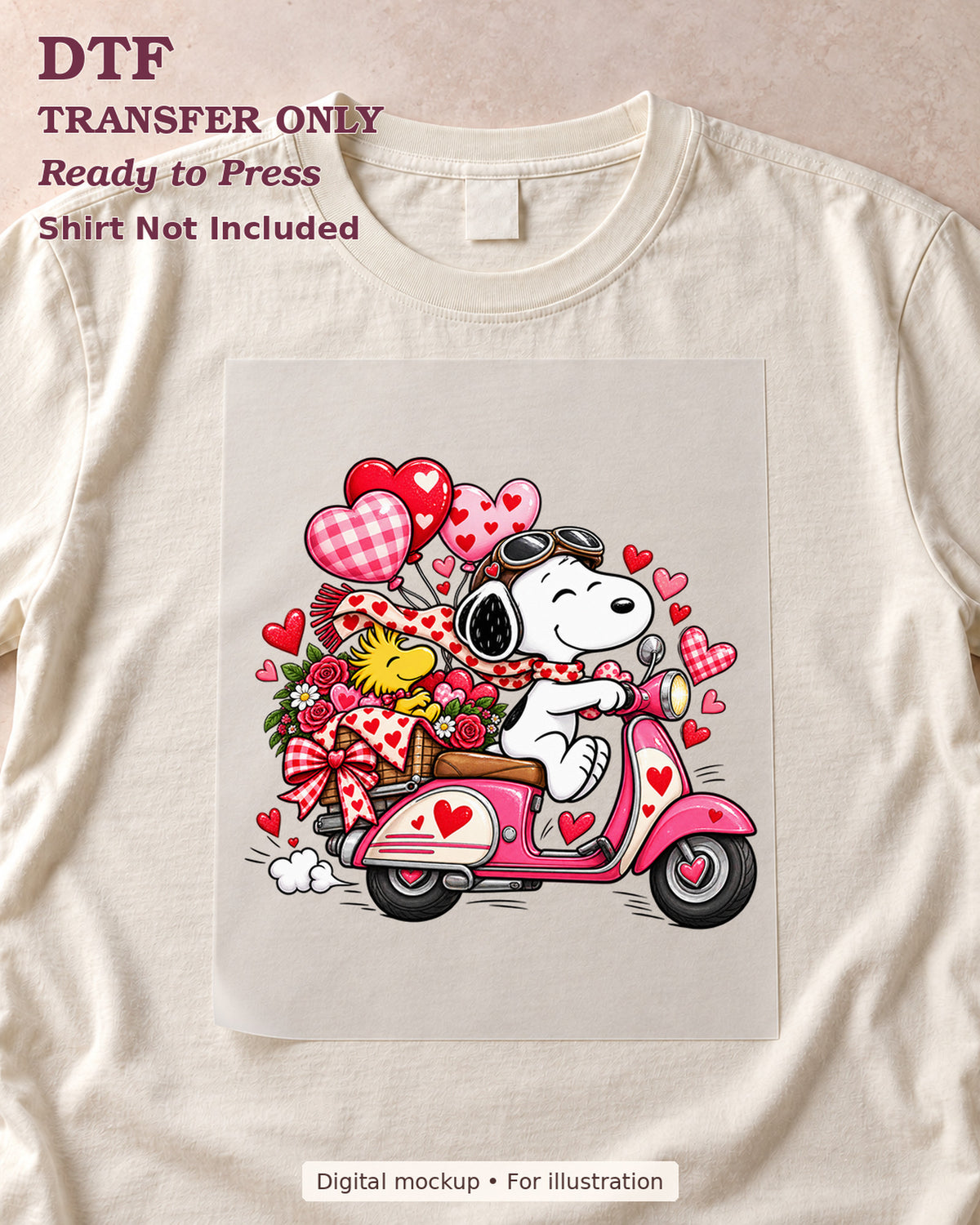 Cartoon white dog riding pink scooter with flowers and heart balloons, shown as a transfer sheet on a cream shirt; shirt not included.