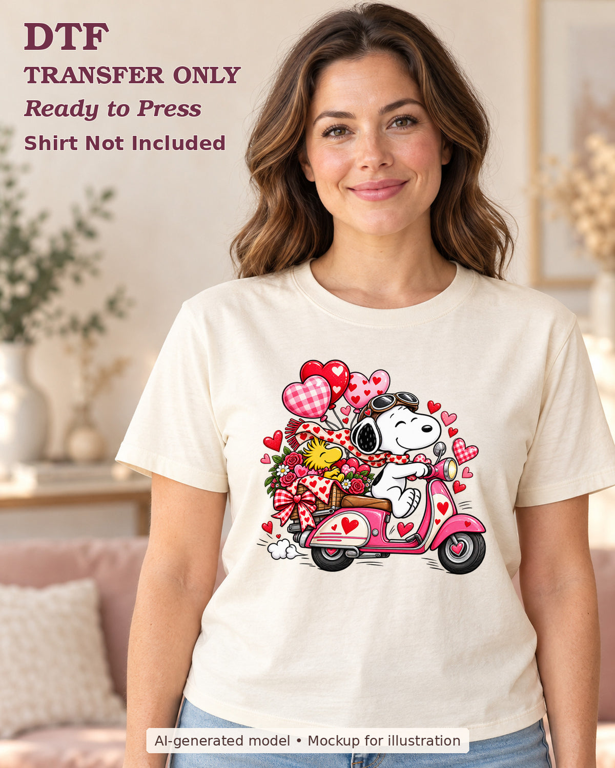 AI-model mockup wearing a cream shirt with cartoon white dog riding pink scooter with flowers and heart balloons; DTF transfer only.