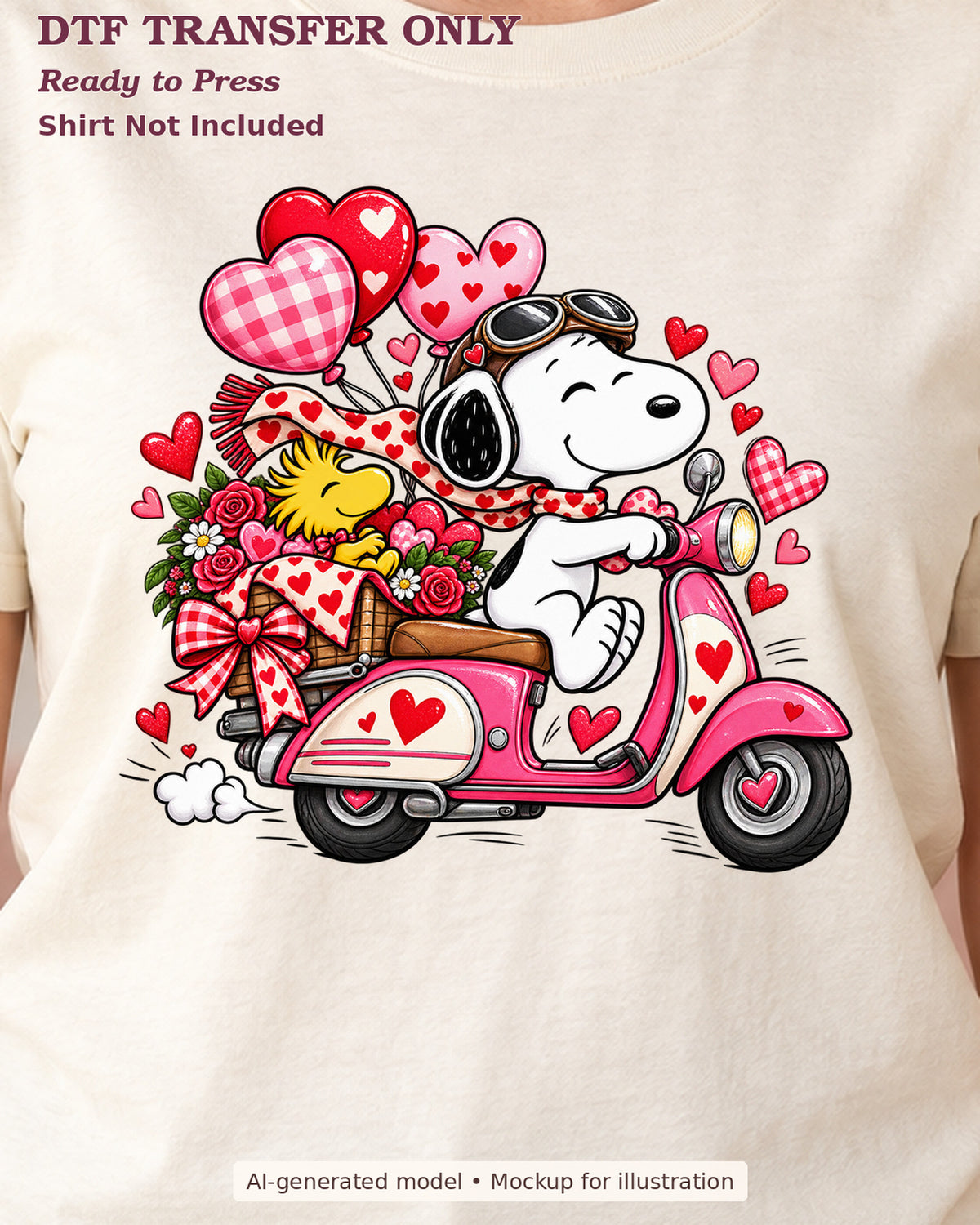 Close-up cream shirt mockup of cartoon white dog riding pink scooter with flowers and heart balloons; shirt not included.