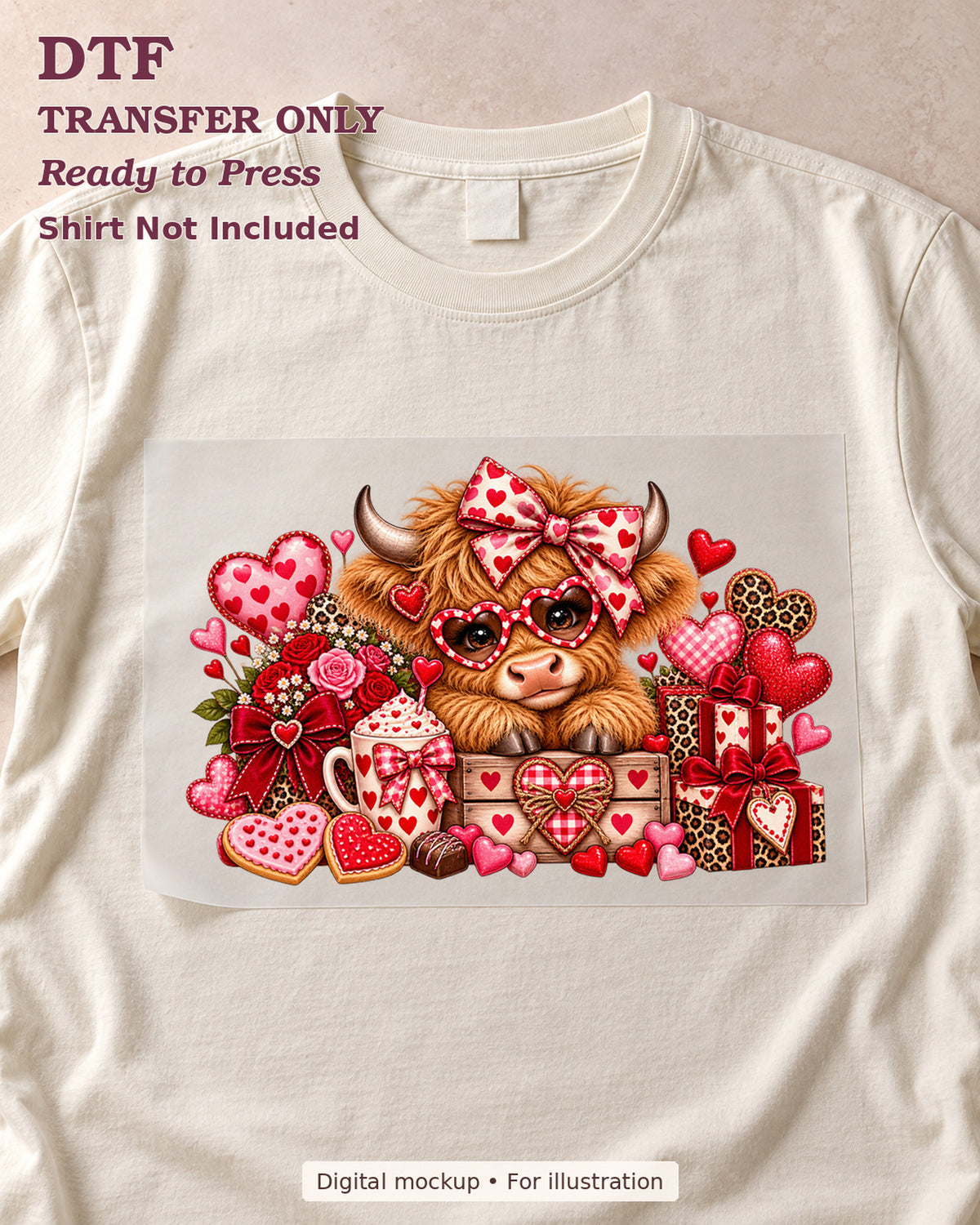 Highland cow with heart glasses, bow, gifts and Valentine sweets, shown as a transfer sheet on a cream shirt; shirt not included.