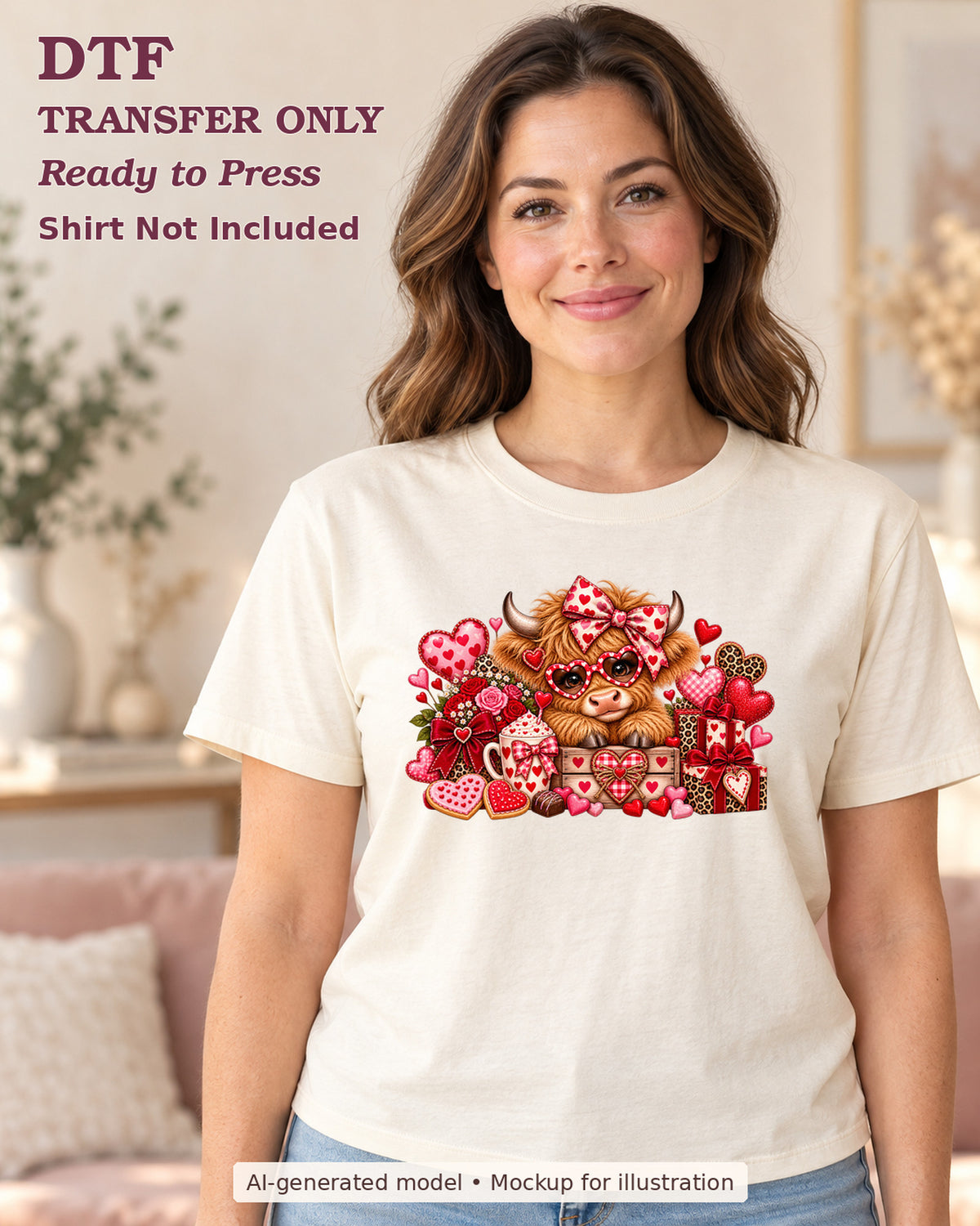 AI-model mockup wearing a cream shirt with highland cow with heart glasses, bow, gifts and valentine sweets; physical DTF transfer only.