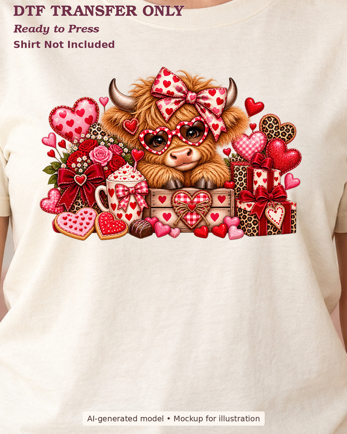 Close-up cream shirt mockup showing highland cow with heart glasses, bow, gifts and valentine sweets; shirt not included.