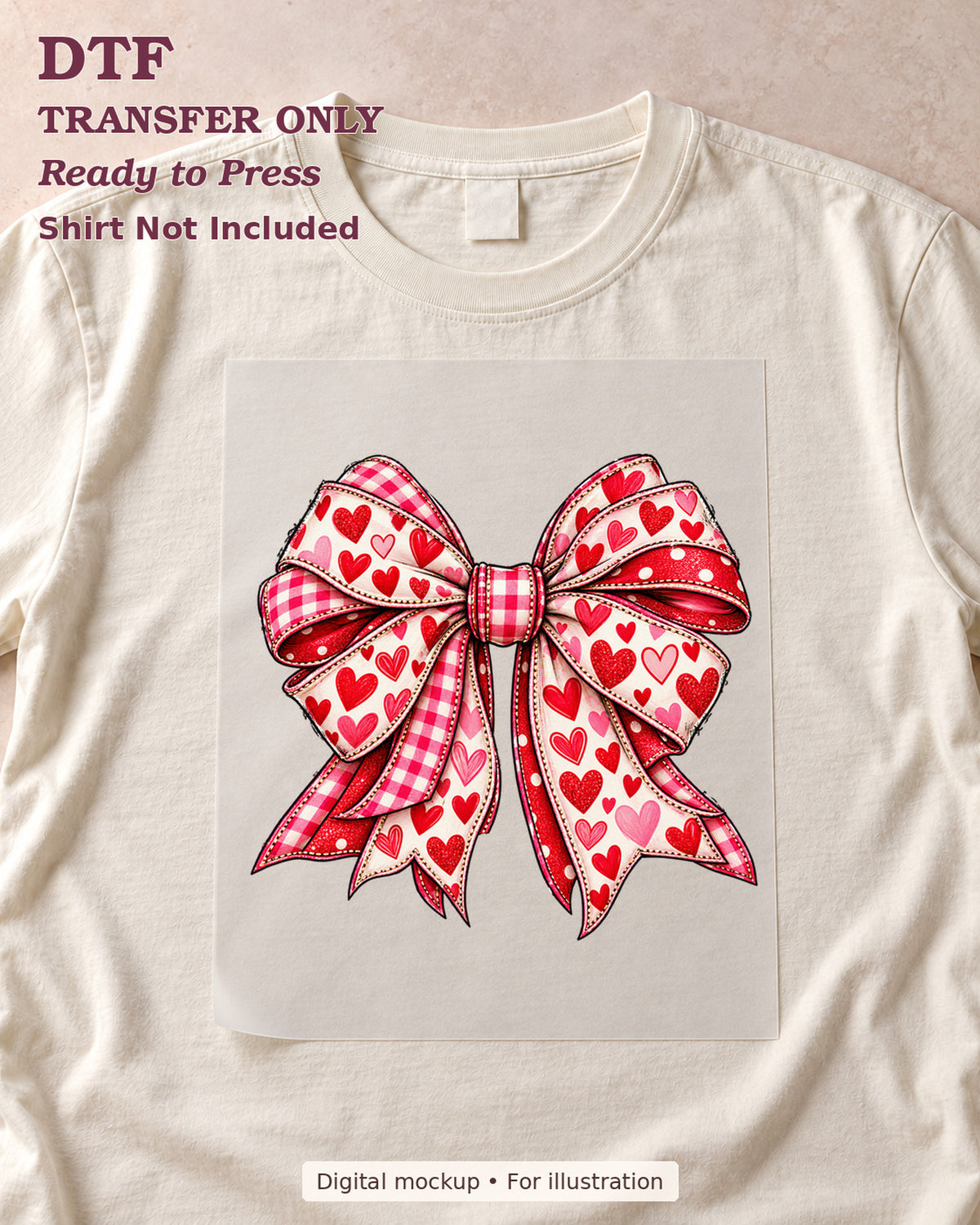 Layered red and pink heart-patterned ribbon bow, shown as a transfer sheet on a cream shirt; shirt not included.