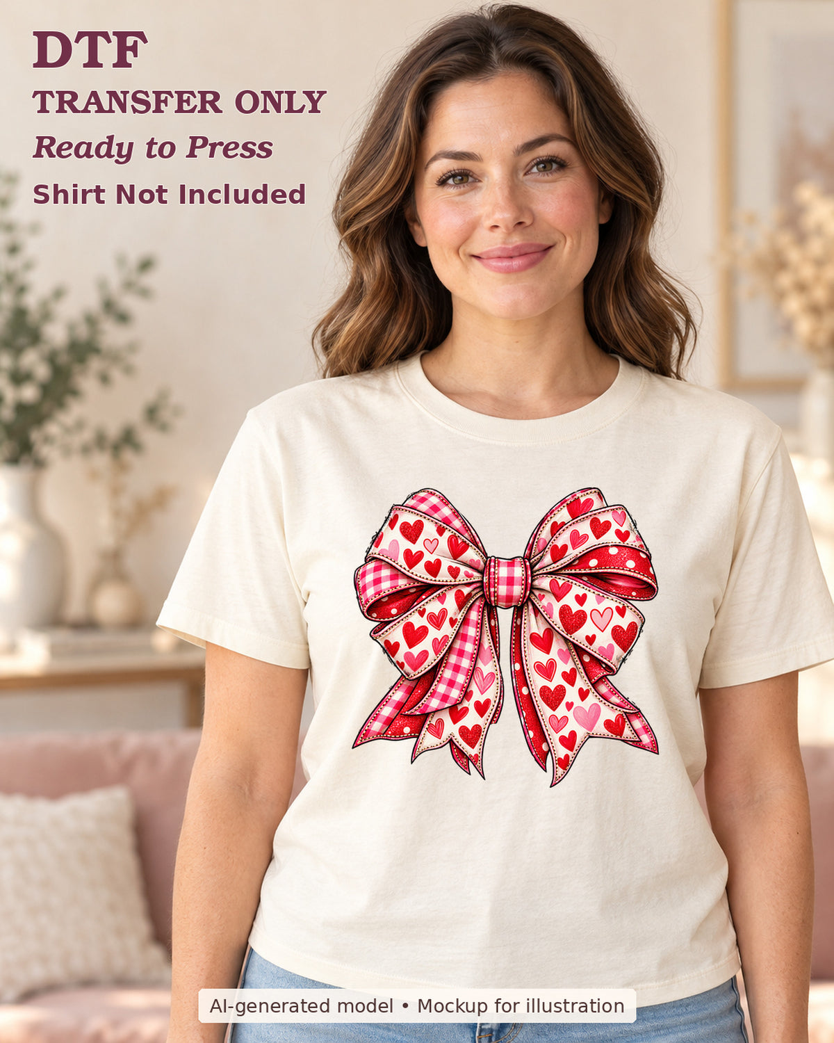 AI-model mockup wearing a cream shirt with layered red and pink heart-patterned ribbon bow; physical DTF transfer only.