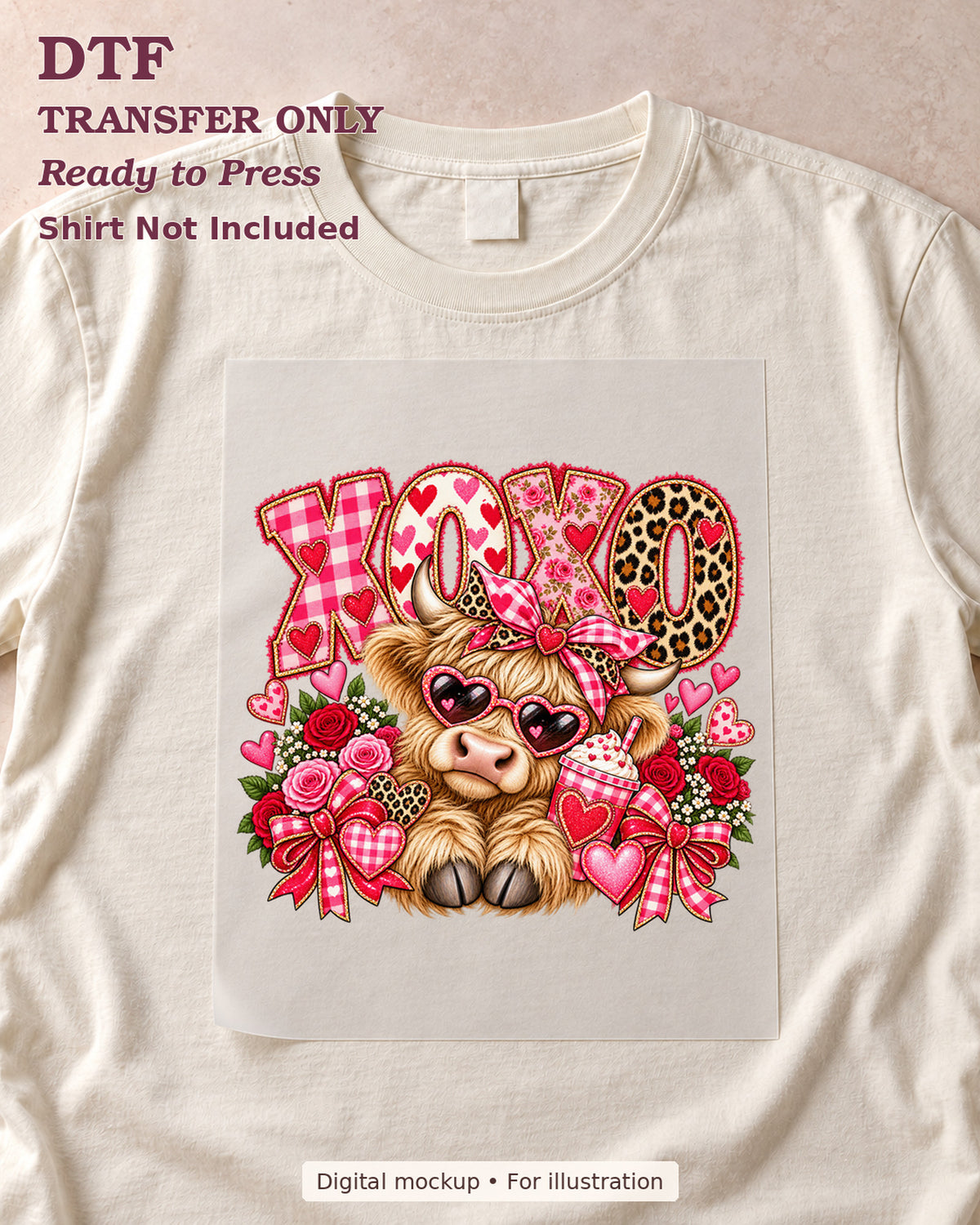 XOXO lettering with a Highland cow, heart glasses and pink bow, shown as a transfer sheet on a cream shirt; shirt not included.