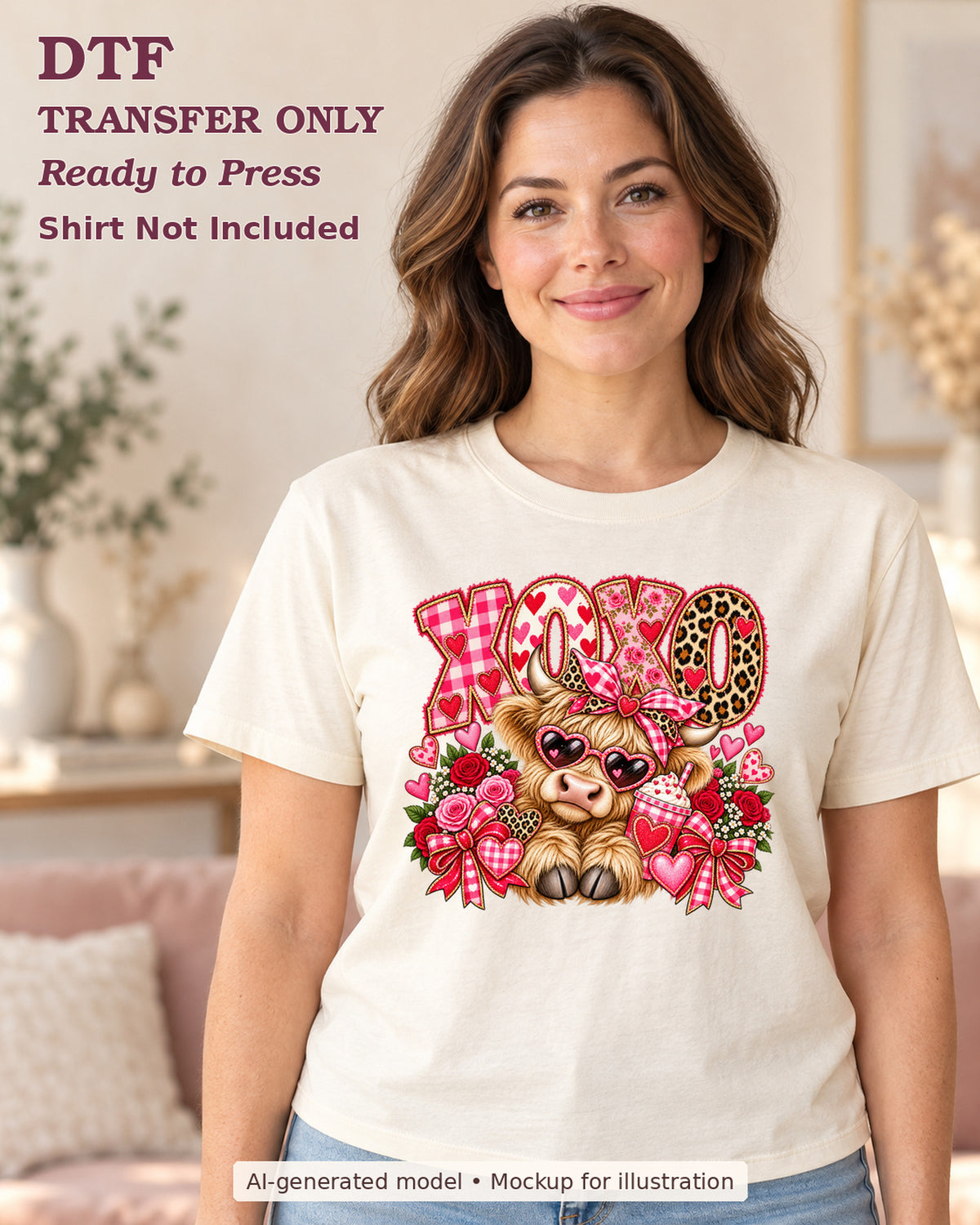 AI-model mockup wearing a cream shirt with xoxo lettering with a highland cow, heart glasses and pink bow; physical DTF transfer only.