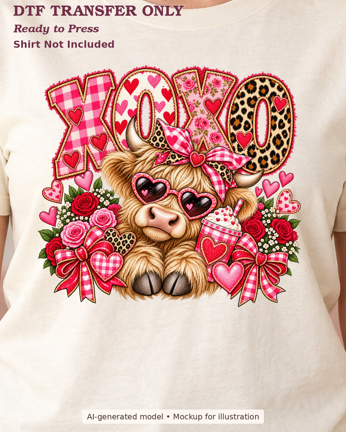 Close-up cream shirt mockup showing xoxo lettering with a highland cow, heart glasses and pink bow; shirt not included.