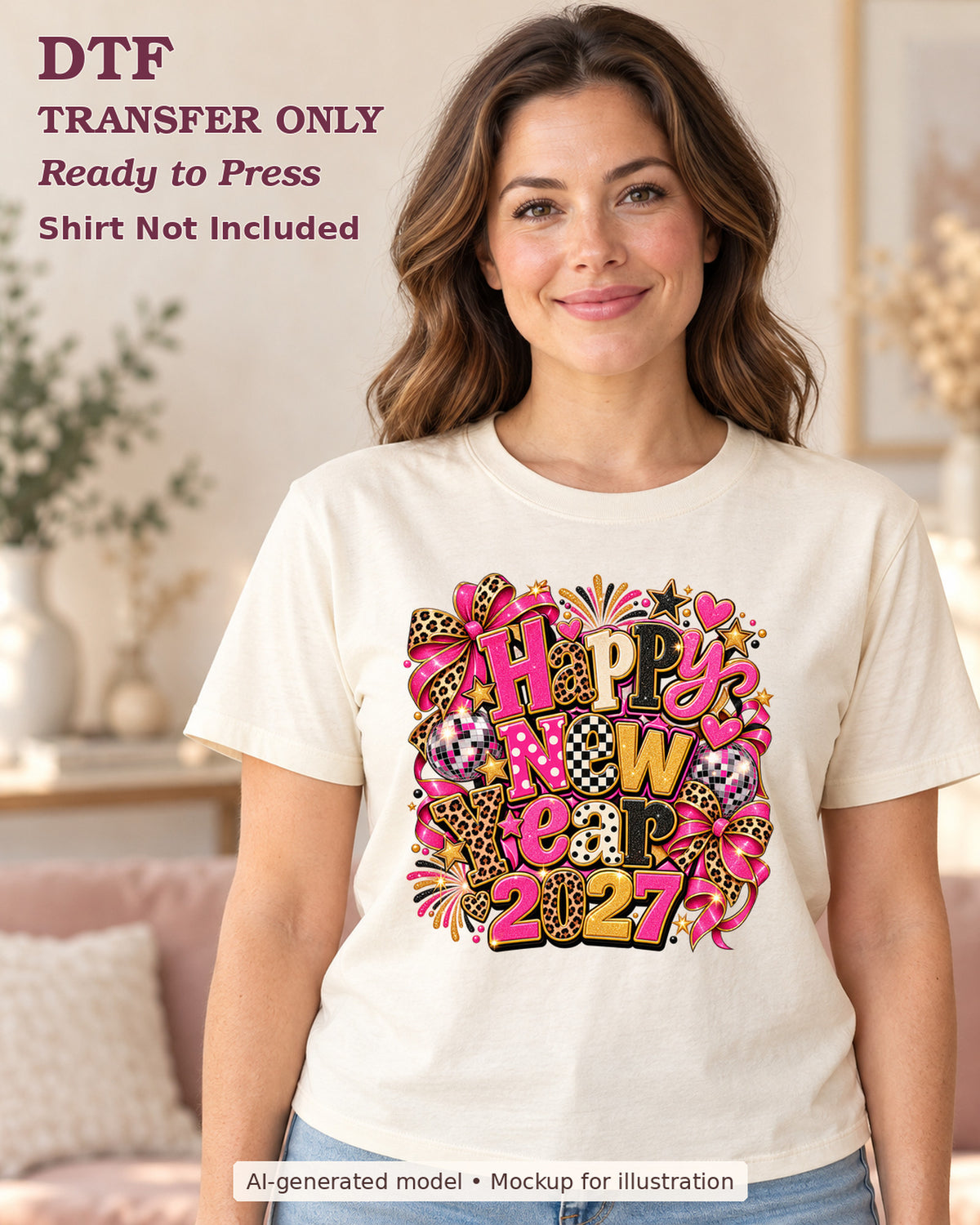 AI-model mockup wearing a cream shirt with happy new year 2027 lettering with pink bows, leopard print and disco balls; physical DTF transfer only.