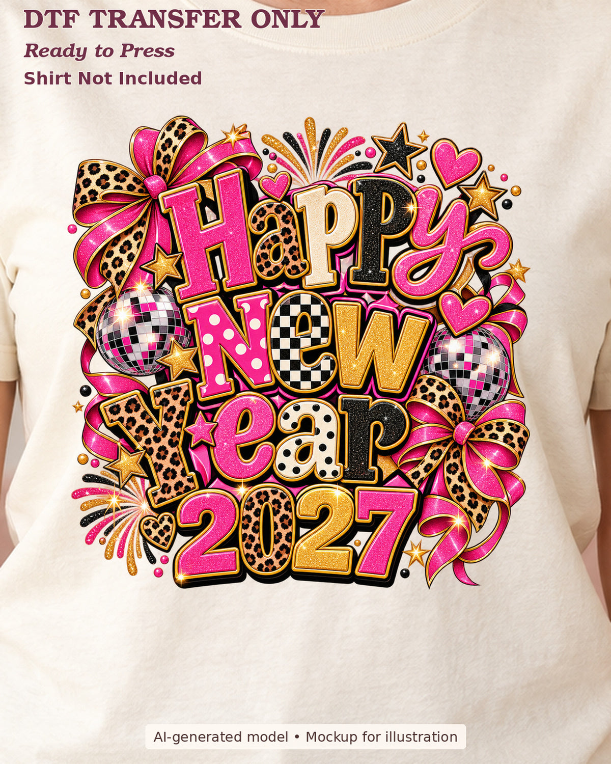 Close-up cream shirt mockup showing happy new year 2027 lettering with pink bows, leopard print and disco balls; shirt not included.