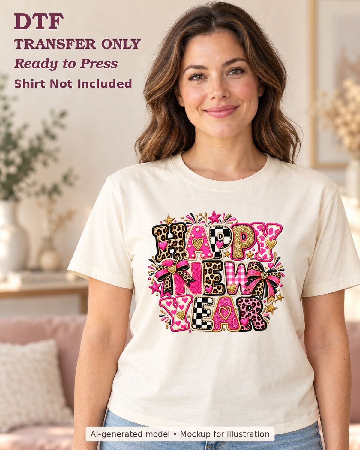 AI-model mockup wearing a cream shirt with happy new year year-free pink patchwork lettering with bows; physical DTF transfer only.