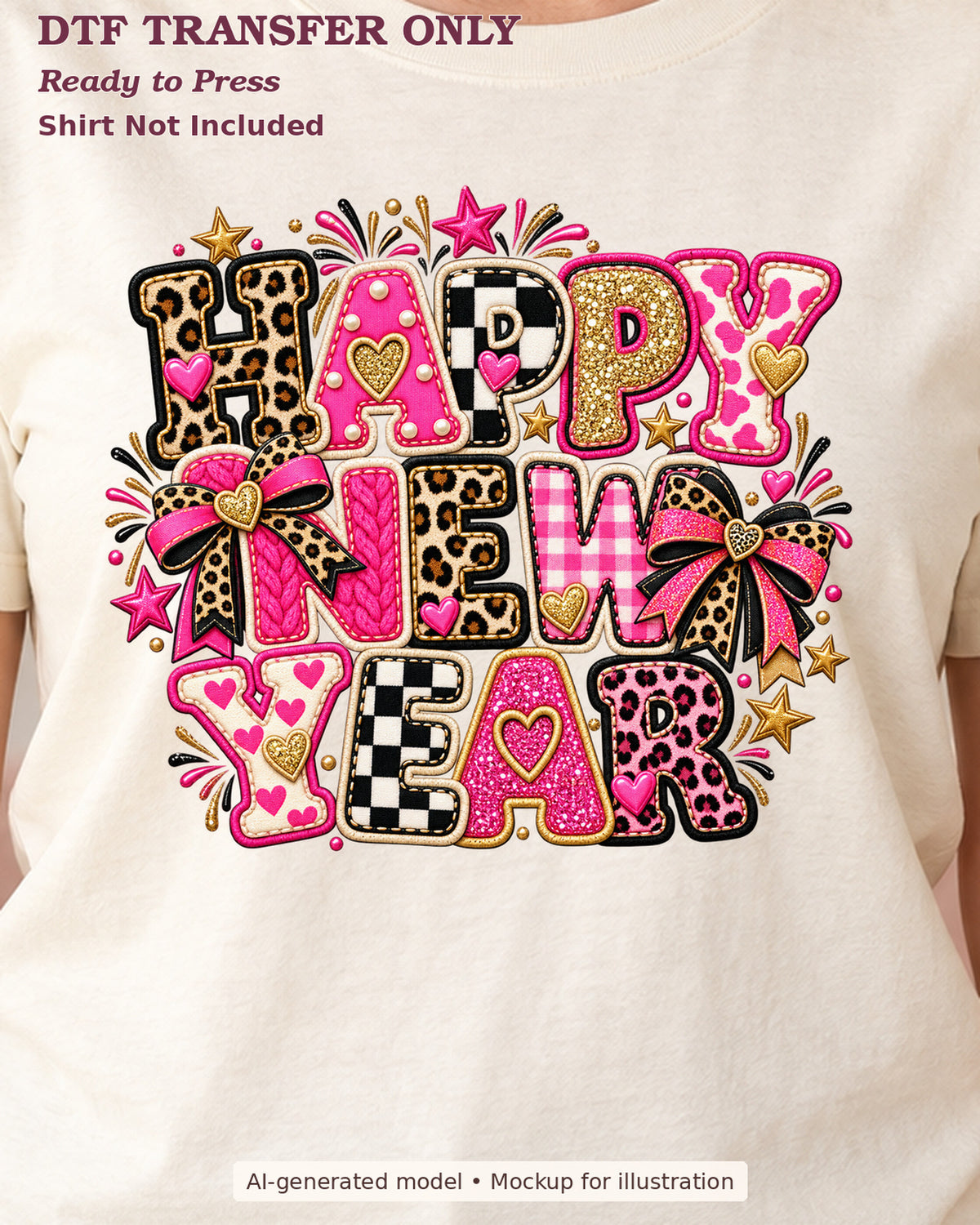 Close-up cream shirt mockup showing happy new year year-free pink patchwork lettering with bows; shirt not included.